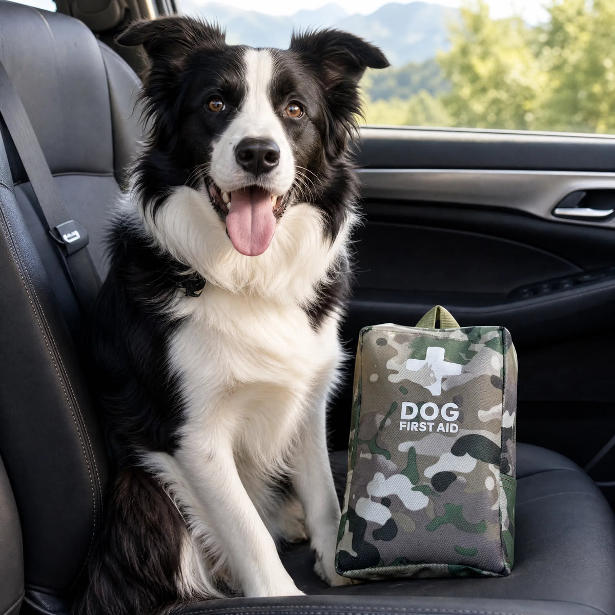 Borsetta kit pronto soccorso cane sul sedile dell auto accanto a un border collie in viaggio