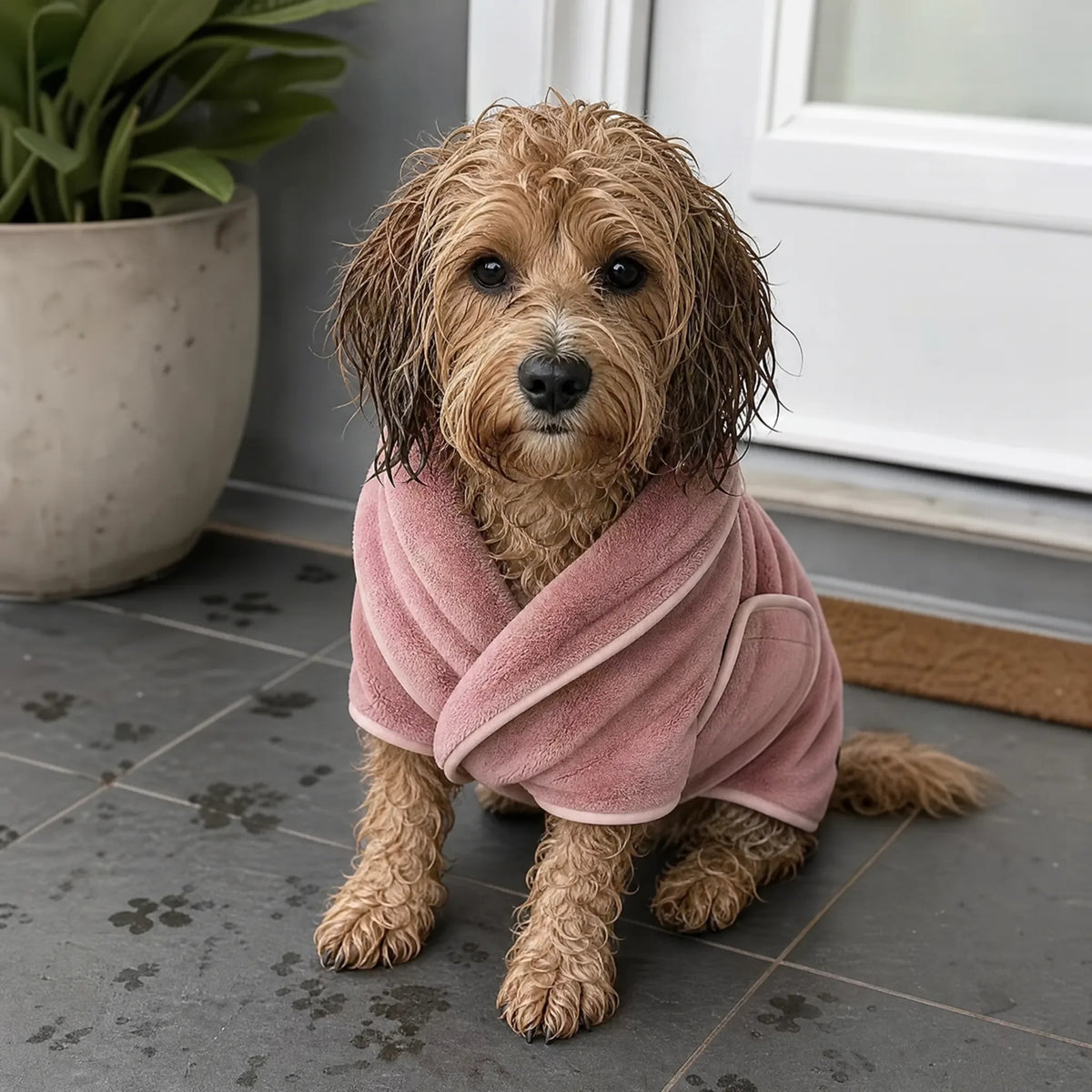 Cockapoo con accappatoio per cani rosa polvere all’ingresso di casa dopo la pioggia