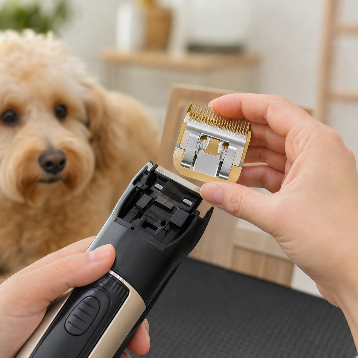 Montaggio lama ceramica detachable oro su tosatrice cane