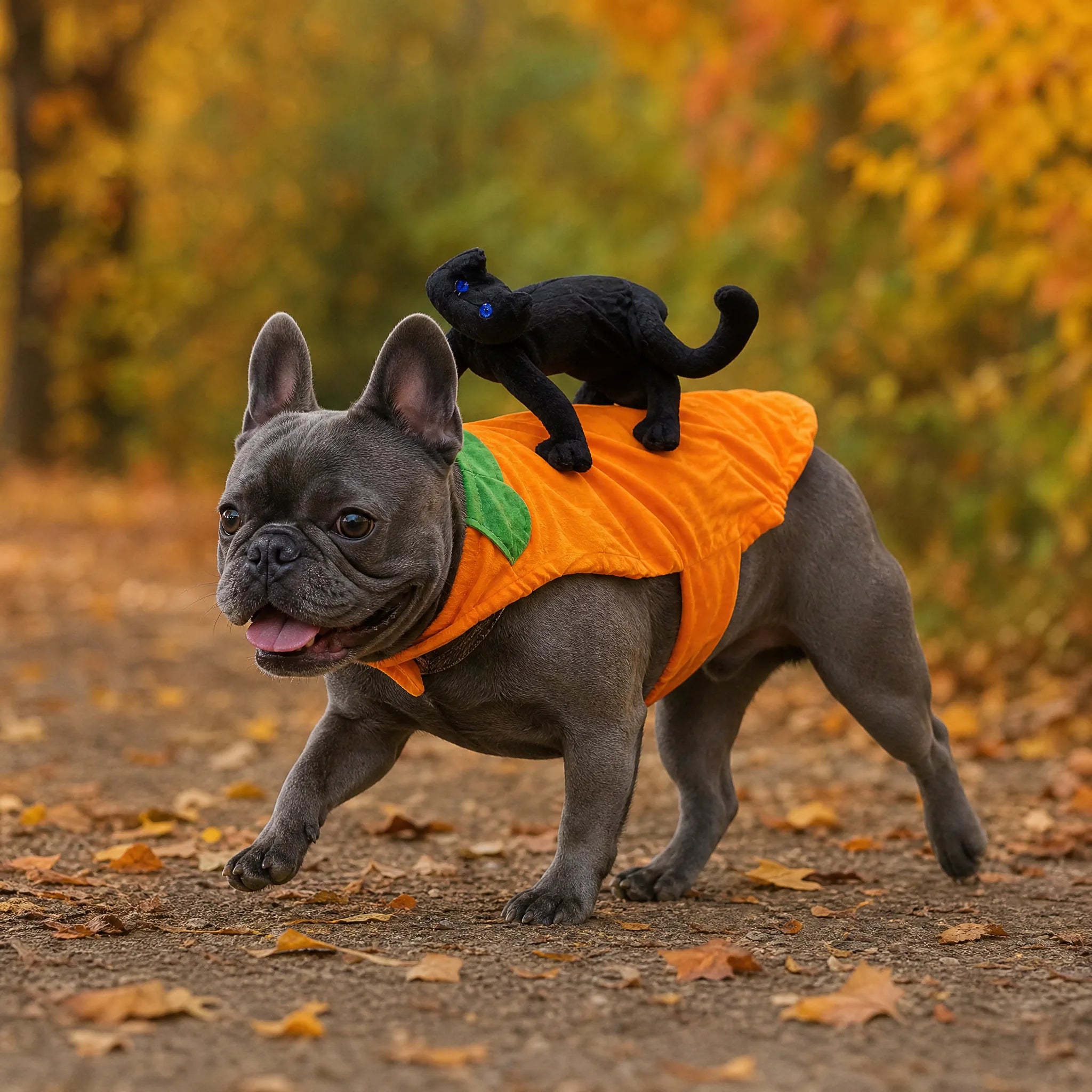 Cane con costume zucca Halloween passeggiata autunnale