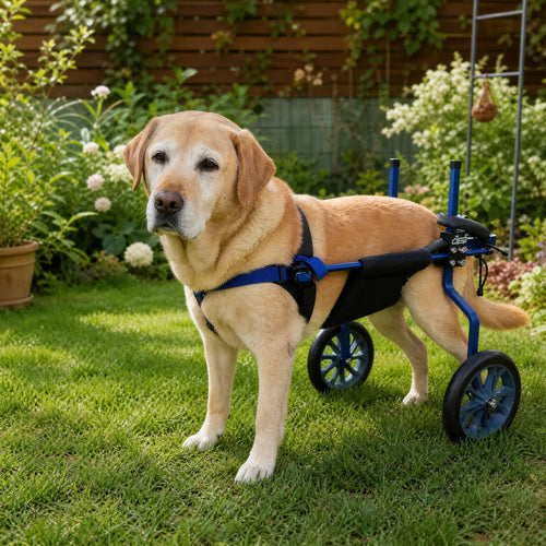 Labrador anziano con carrello per le zampe posteriori nel giardino di casa