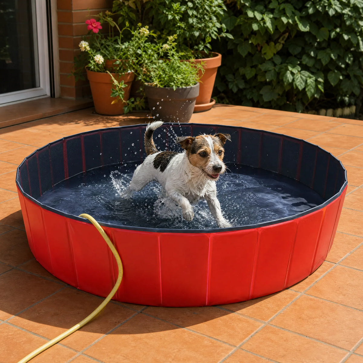Cane che sguazza nella piscina pieghevole per cani rossa sul terrazzo
