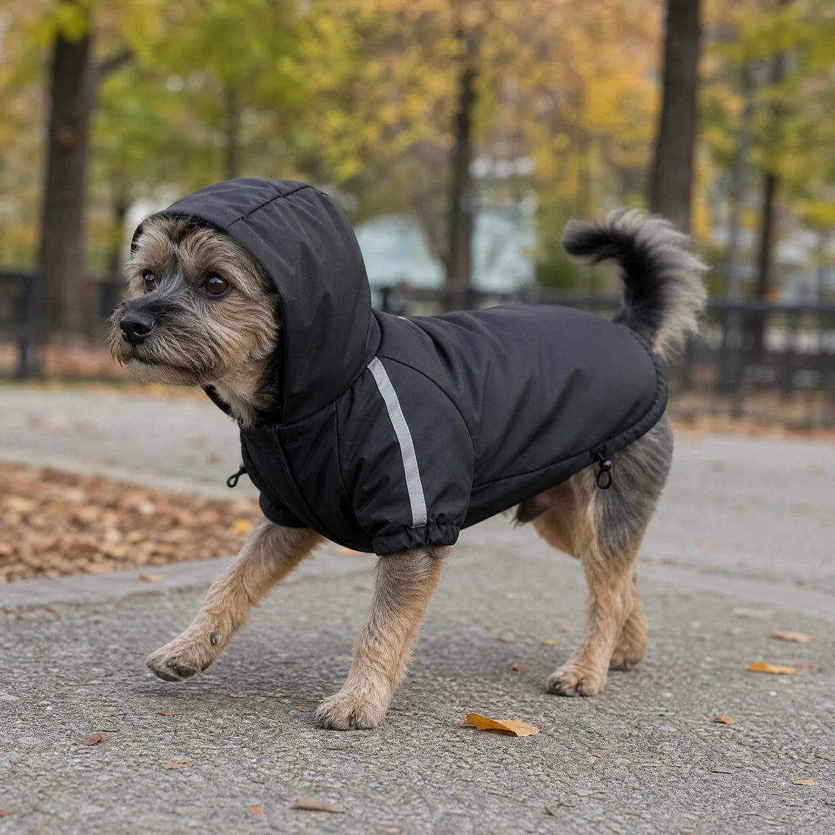 Cappotto impermeabile cane con cappuccio in passeggiata