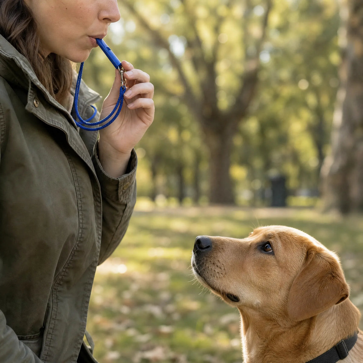 Fischietto per cani con cordino: uso durante l'addestramento al parco con cane attento