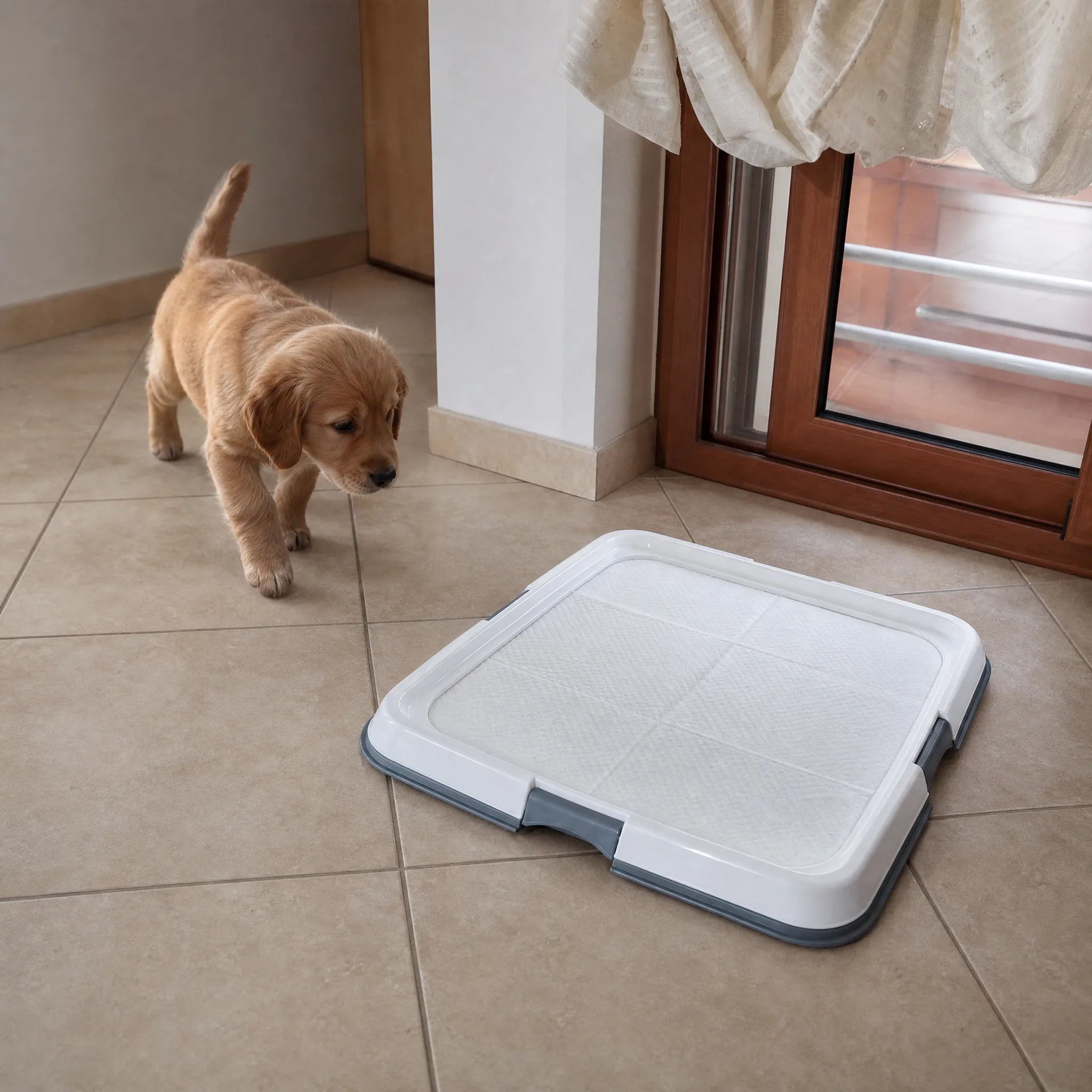 Cucciolo si avvicina alla lettiera per cani con vassoio porta tappetini vicino alla portafinestra