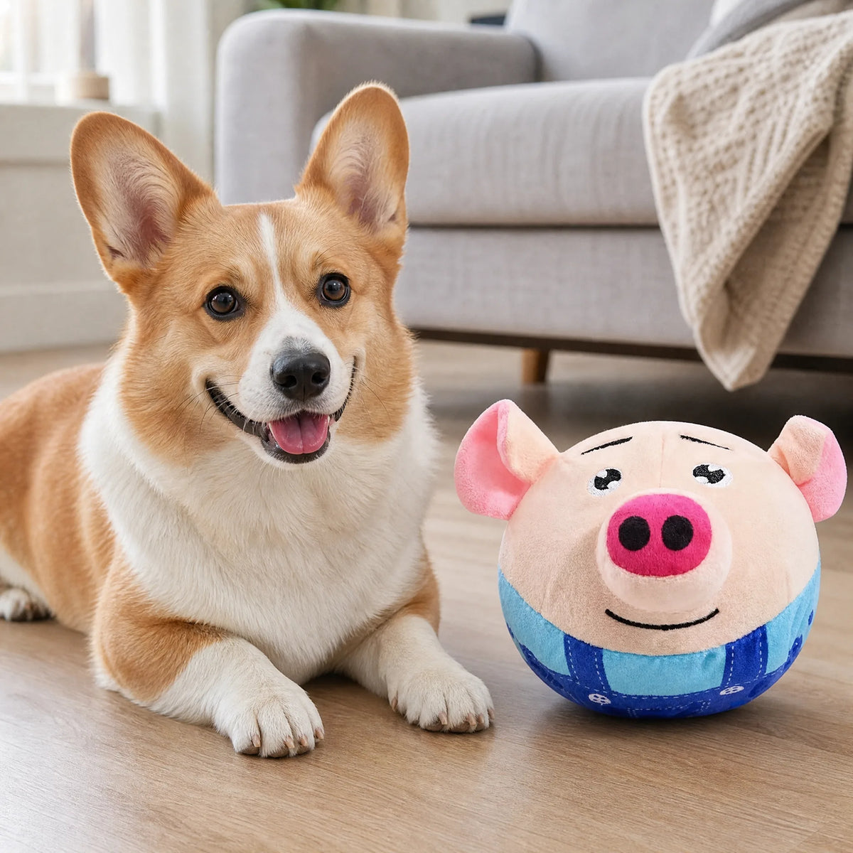 Palla cane peluche USB, cane sul pavimento di legno