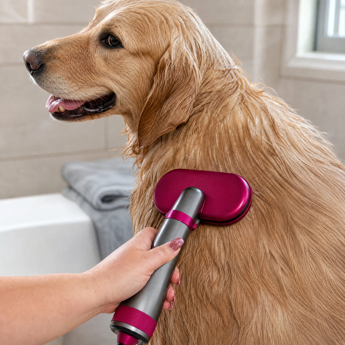 Phon per cani con spazzola su cane in bagno