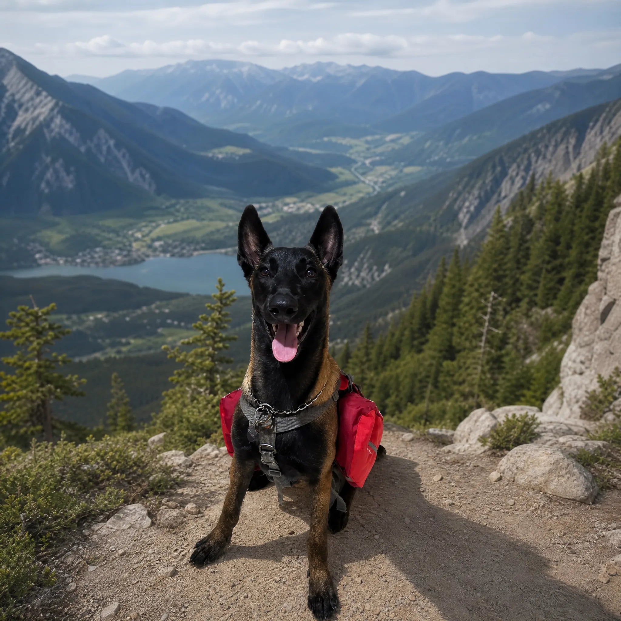 Zainetto per cani da trekking rosso su malinois davanti a una vallata alpina con lago