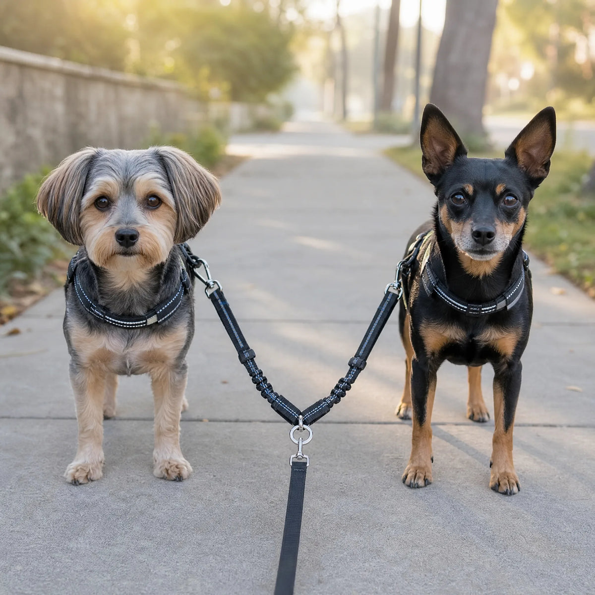 Guinzaglio doppio cane anti-groviglio con due cani