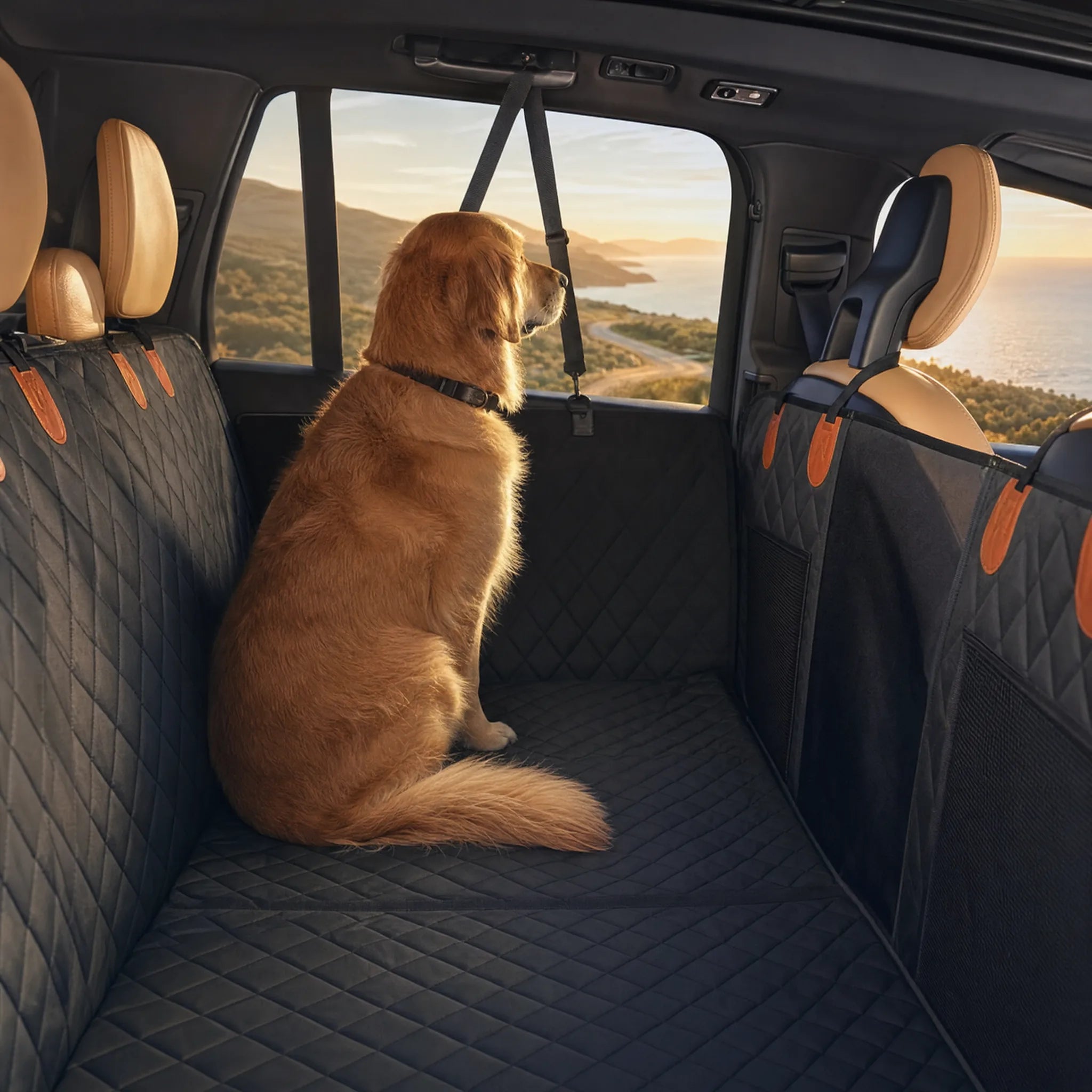 Golden retriever seduto sul coprisedile auto Kit Viaggio Sicuro guarda il panorama dal finestrino durante un viaggio