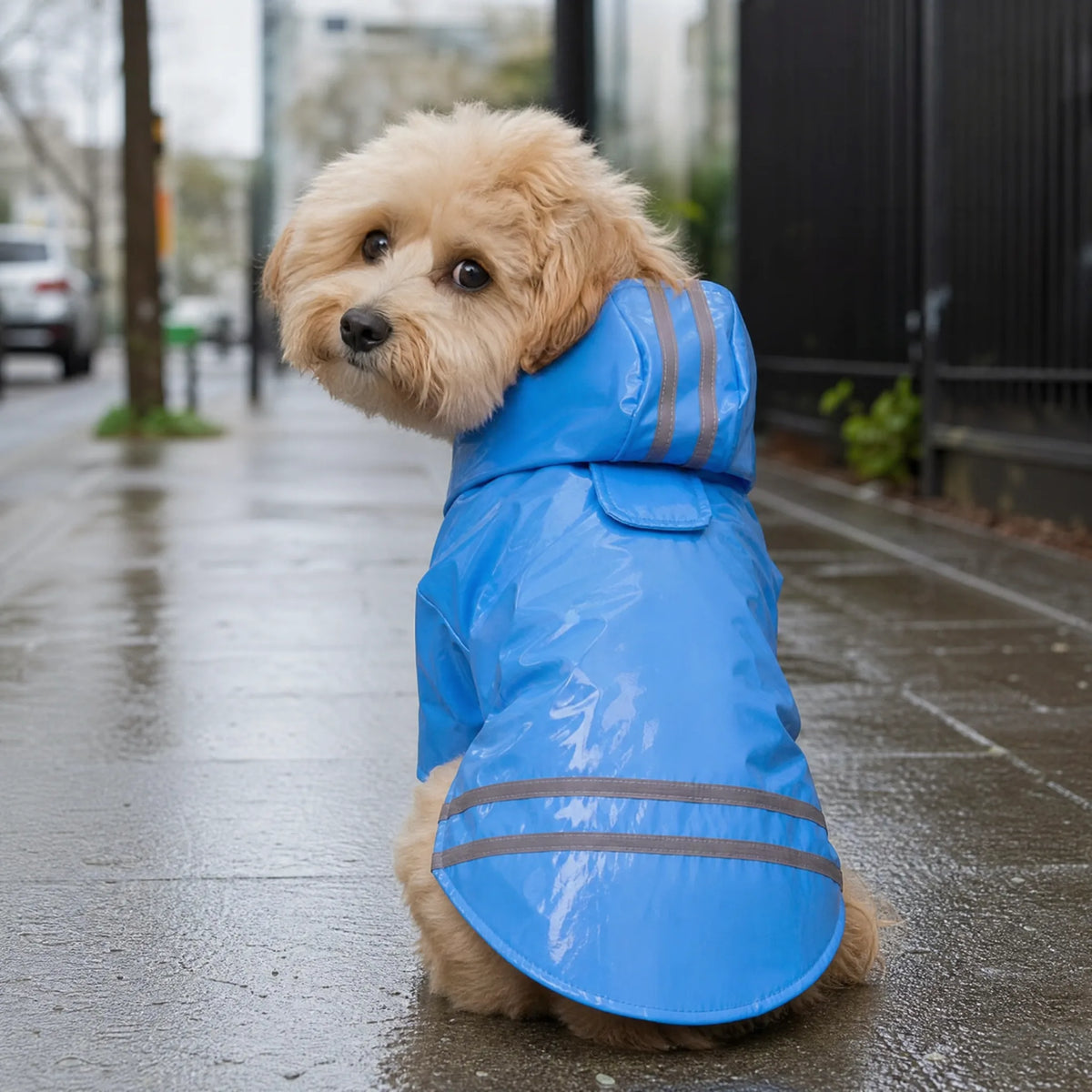 Cane piccolo con impermeabile cucciolo lucido in città dopo la pioggia