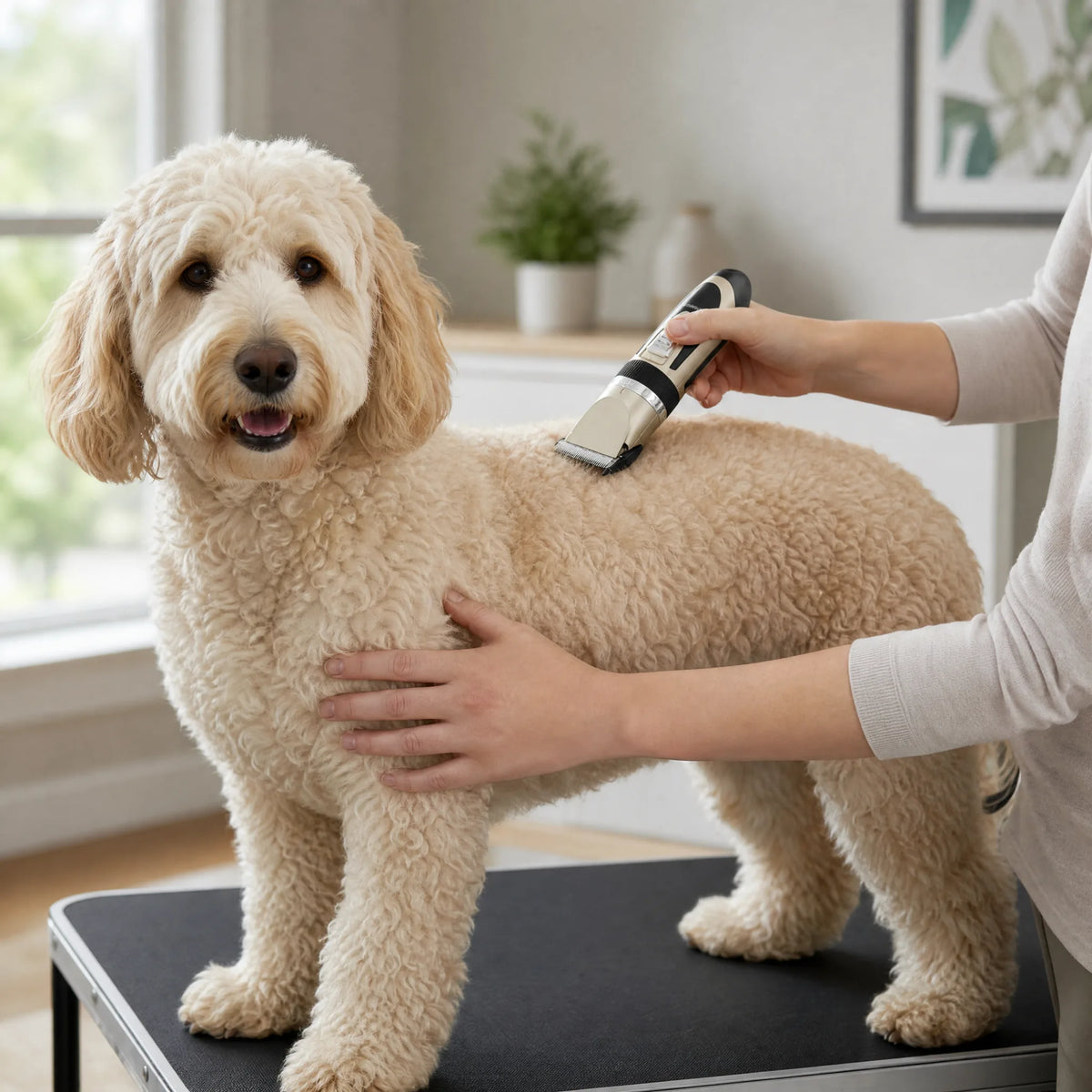 Tosatrice per cani professionale cordless: mano che la impugna e taglia il pelo sulla schiena del cane durante la toelettatura in casa