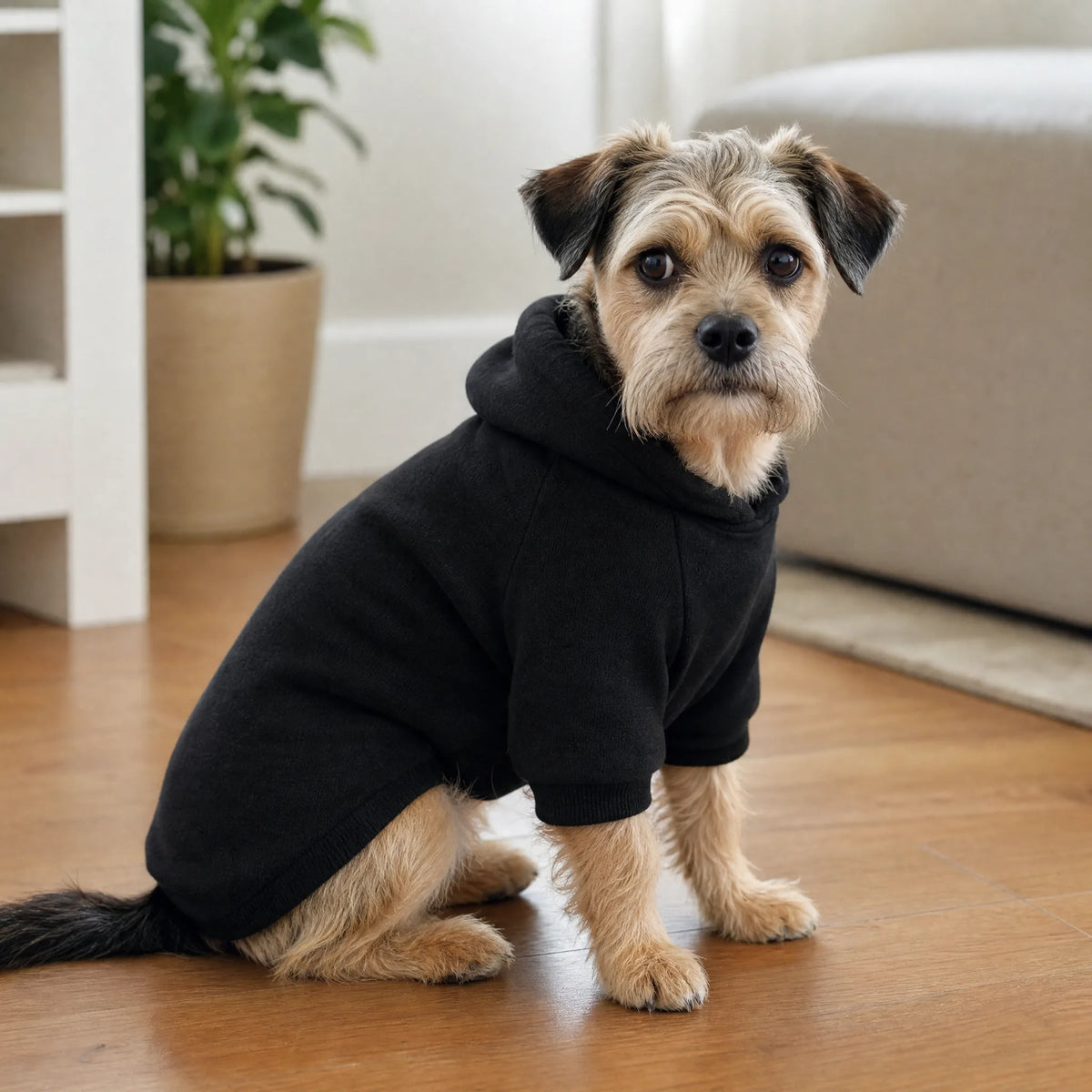 Cane in casa con felpa sport cappuccio