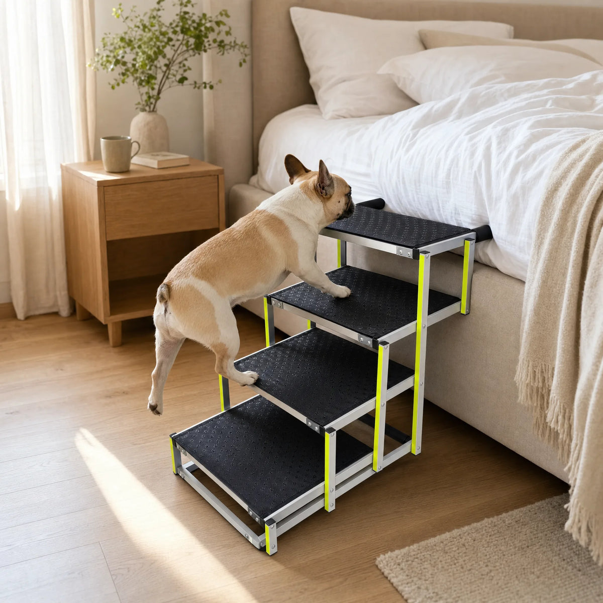 Bulldog francese che sale sul letto di casa con la scaletta per cani StepFlex