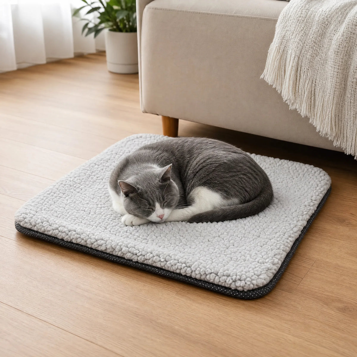 Gatto sul tappetino autoriscaldante per animali