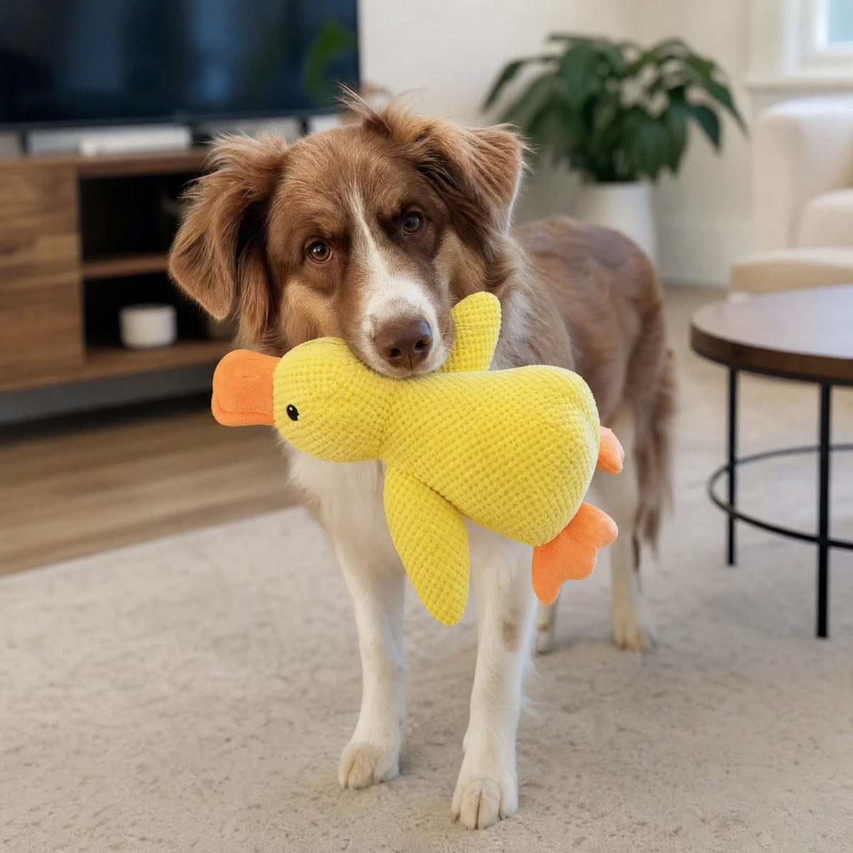 Cane che tiene in bocca papera peluche gialla