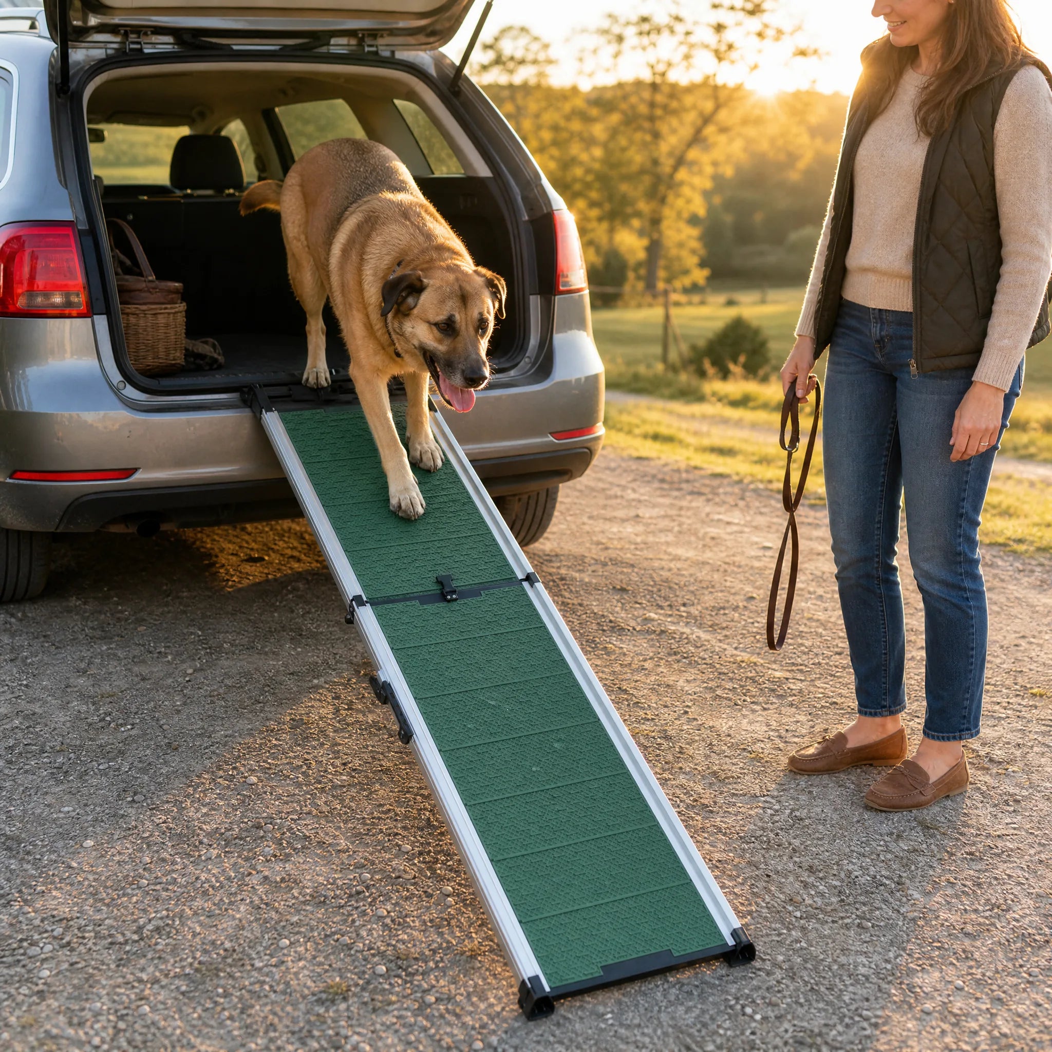 Cane che scende dal bagagliaio del SUV usando la rampa per cani
