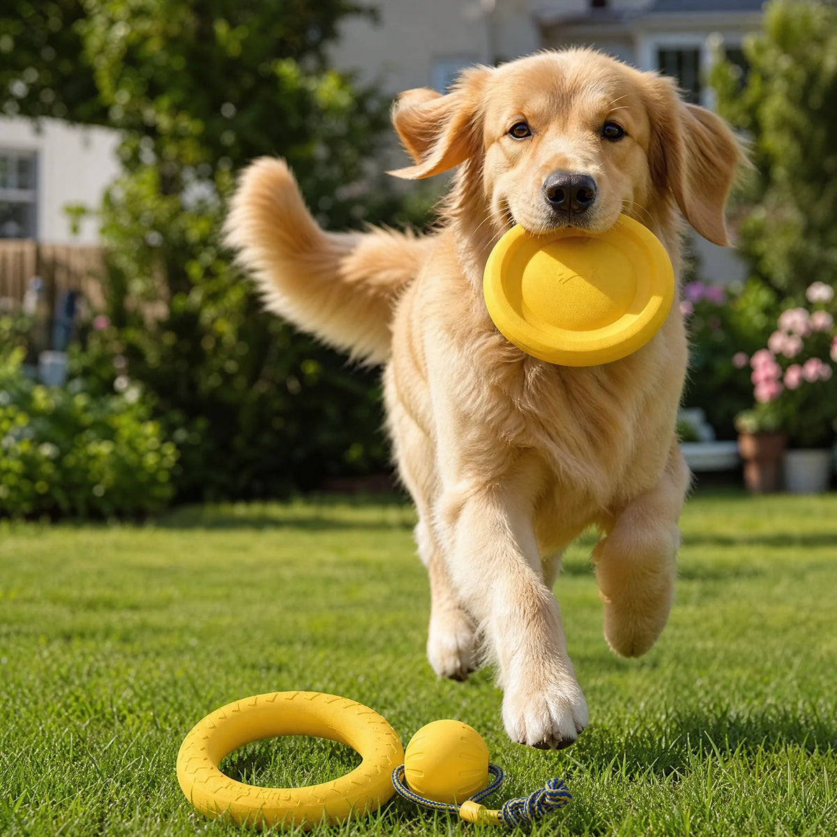 Cane con frisbee EVA giallo in giardino - set giochi cane