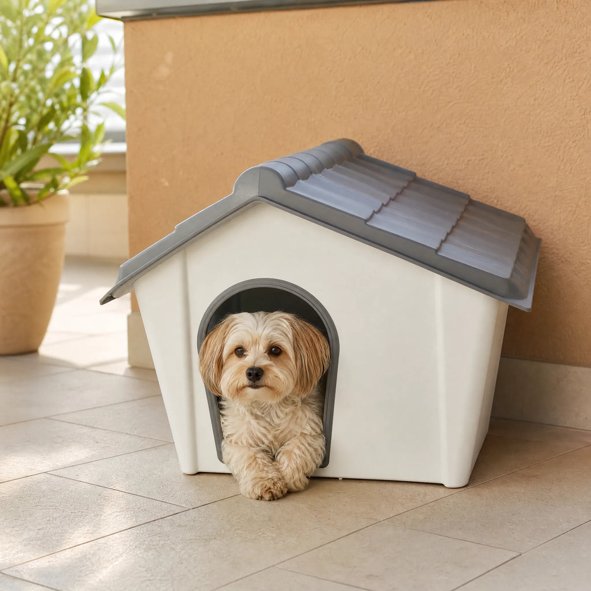 Cuccia per cani da esterno in plastica su terrazzo