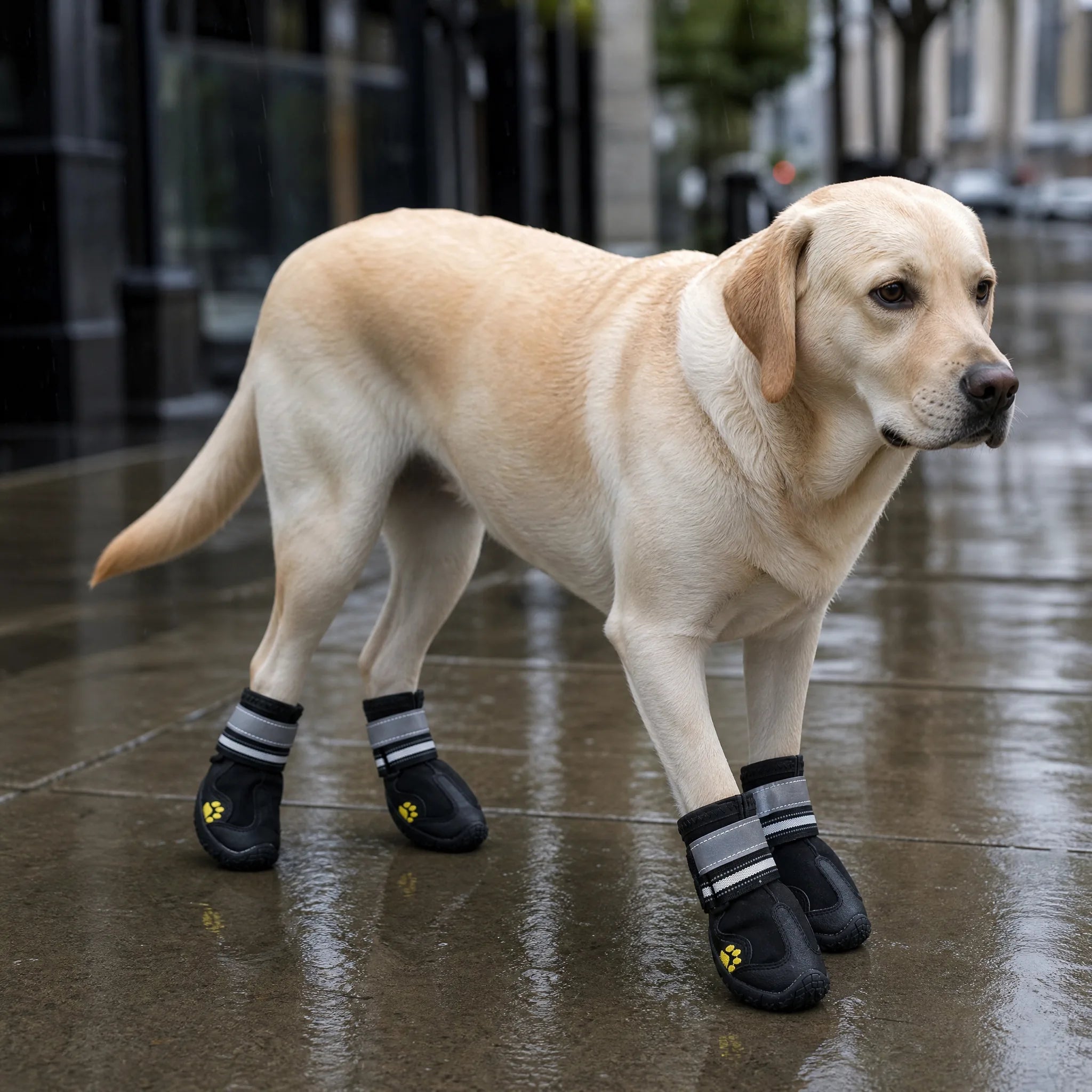 Cane in passeggiata con stivali impermeabili zampe
