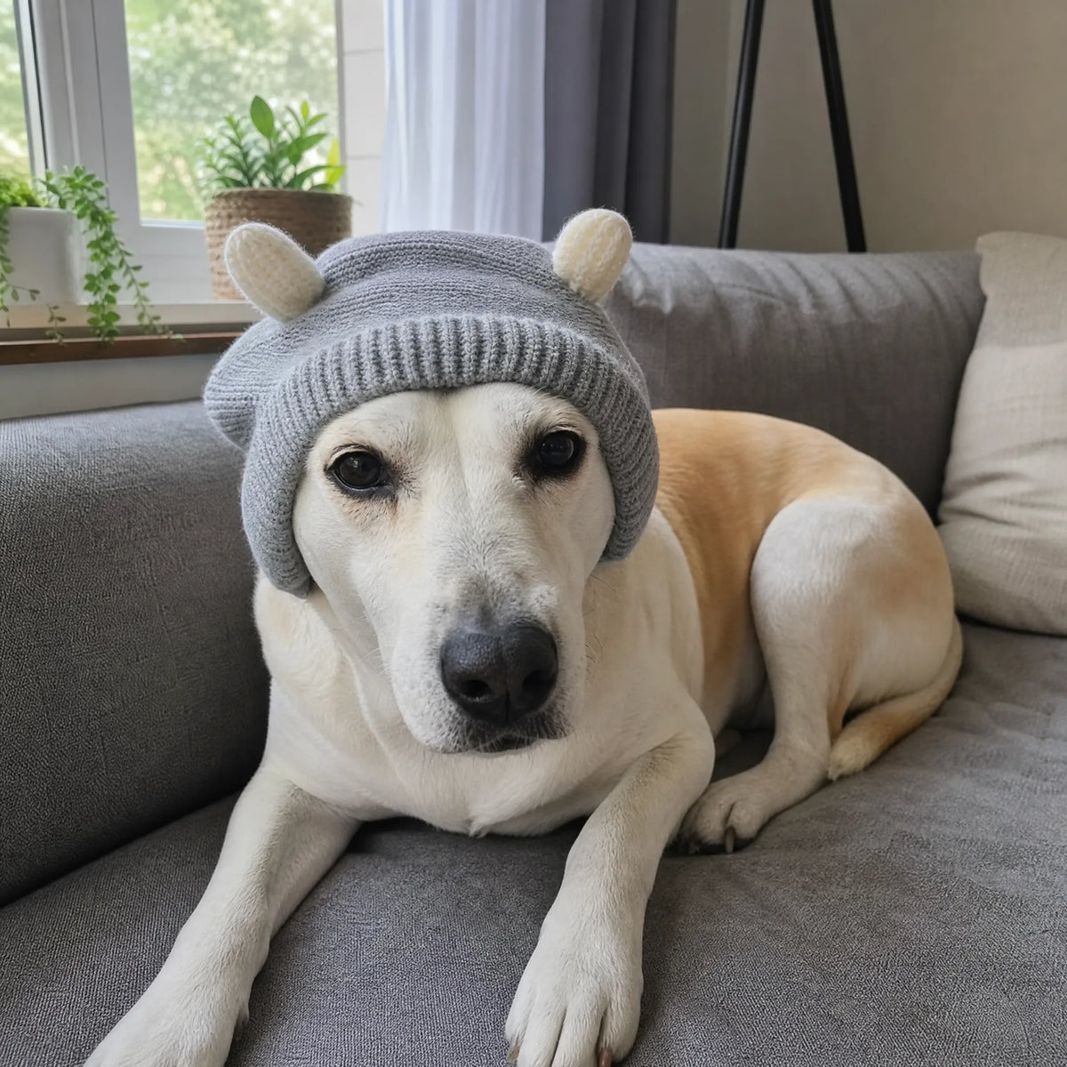 Cane rilassato sul divano con cuffia antirumore in maglia grigia