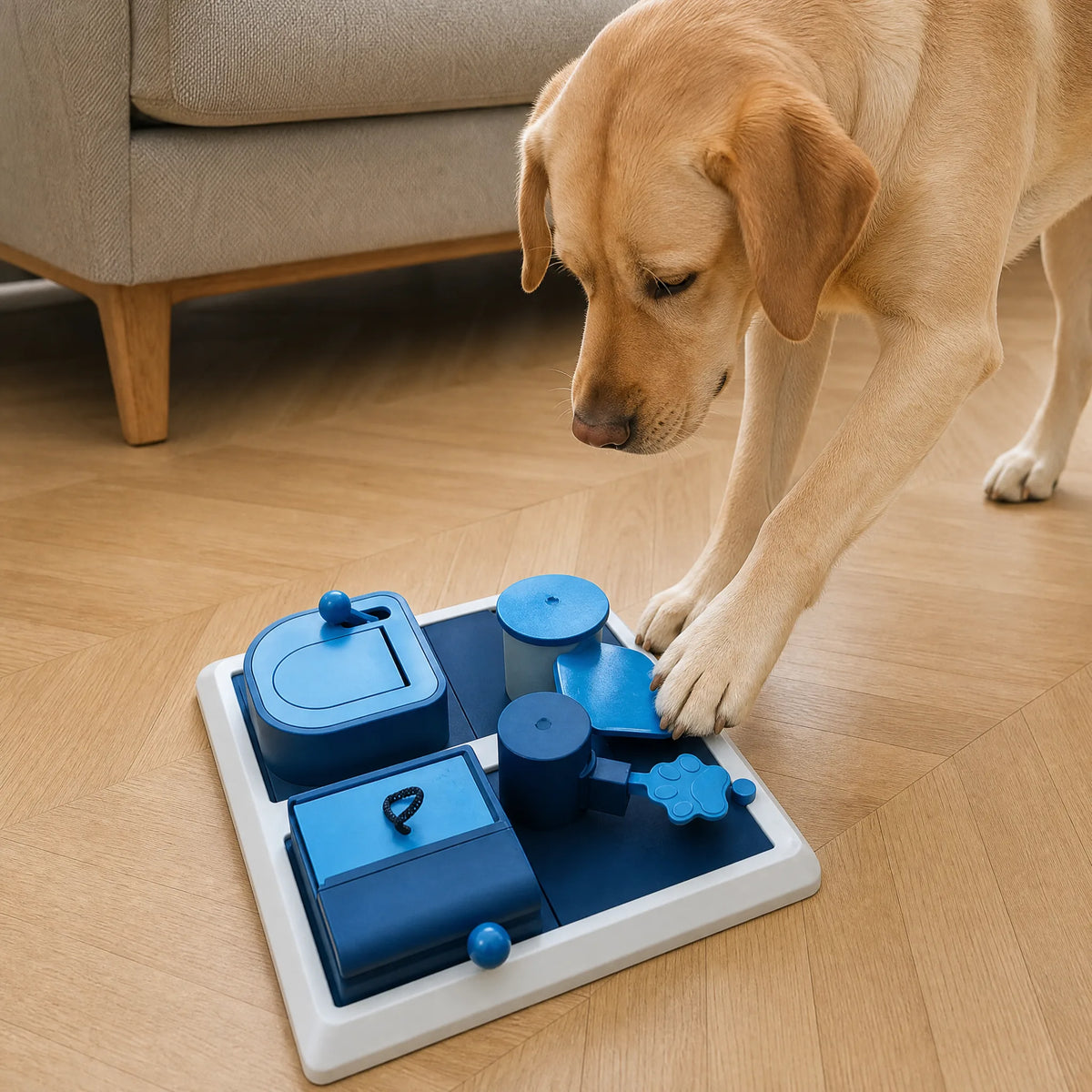 Labrador che usa la zampa sul puzzle box interattivo per cani