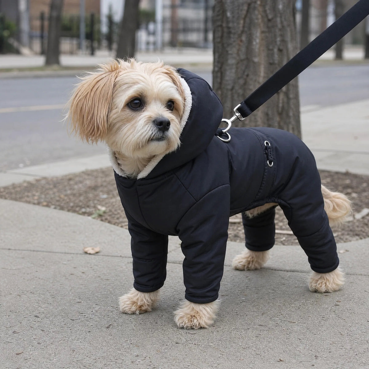 Cane in tuta invernale 4 zampe a passeggio