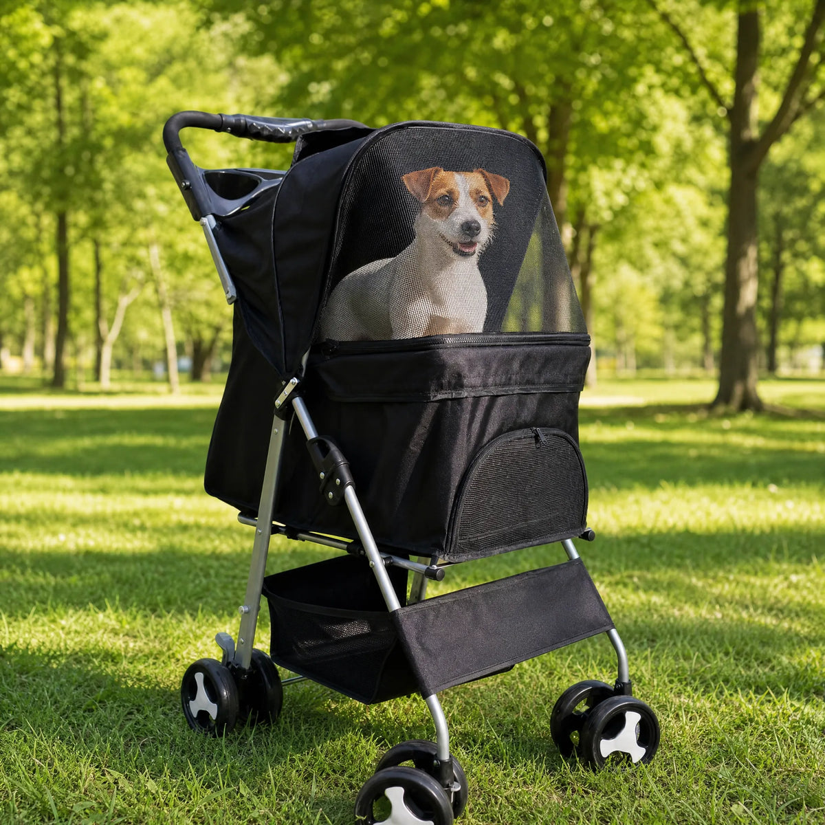 Passeggino per cani pieghevole con jack russell a bordo al parco