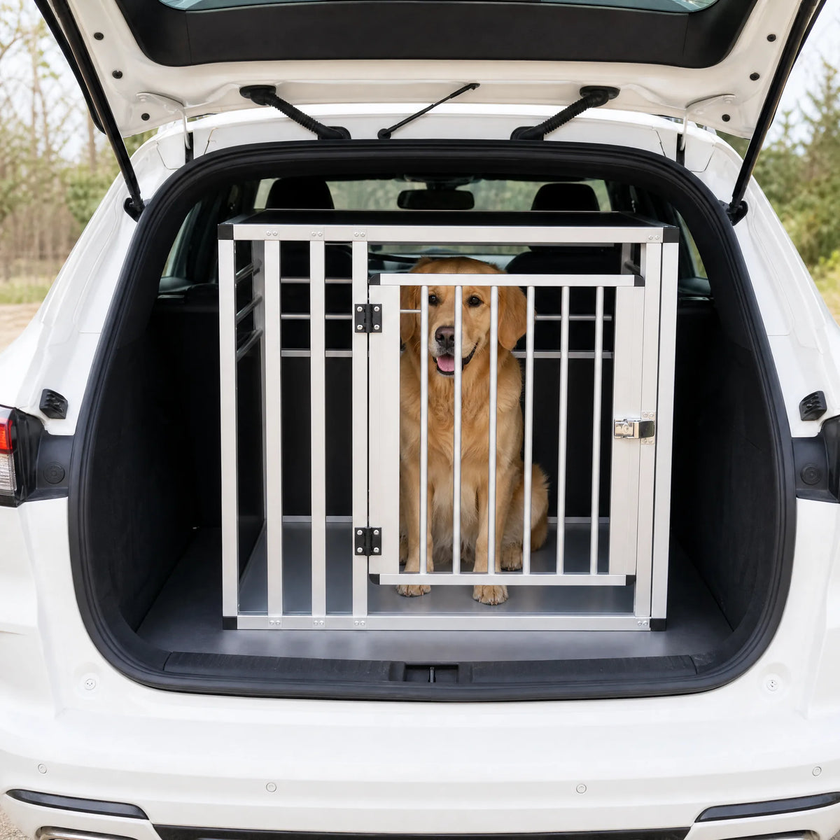Trasportino rigido per cani in alluminio installato nel bagagliaio aperto di una auto bianca con cane seduto dentro