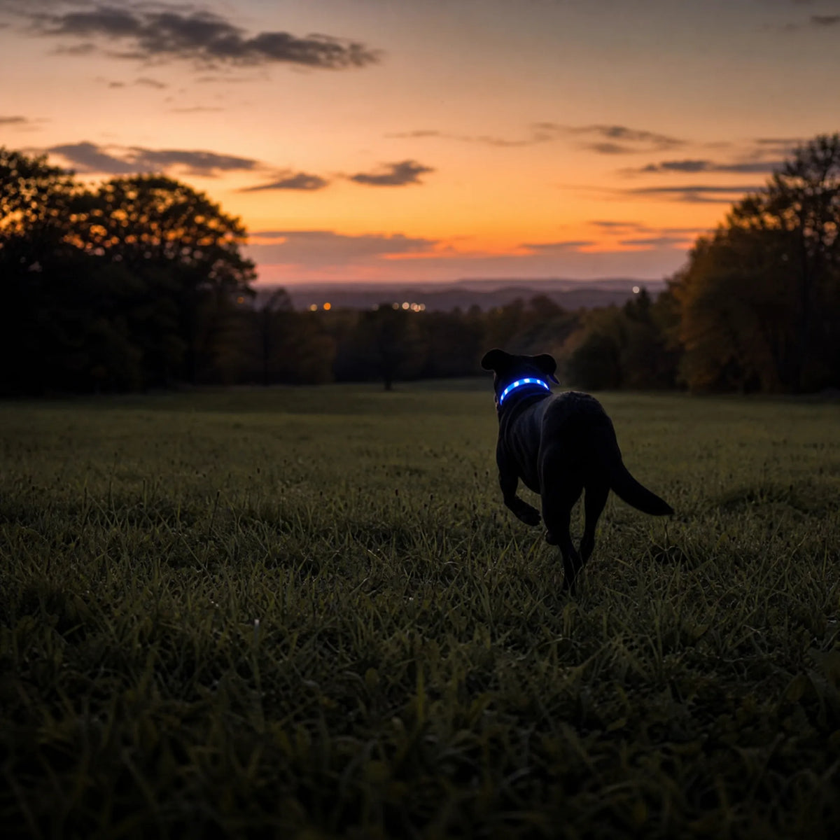 Cane che corre libero in un campo al tramonto con collare LED blu ben visibile
