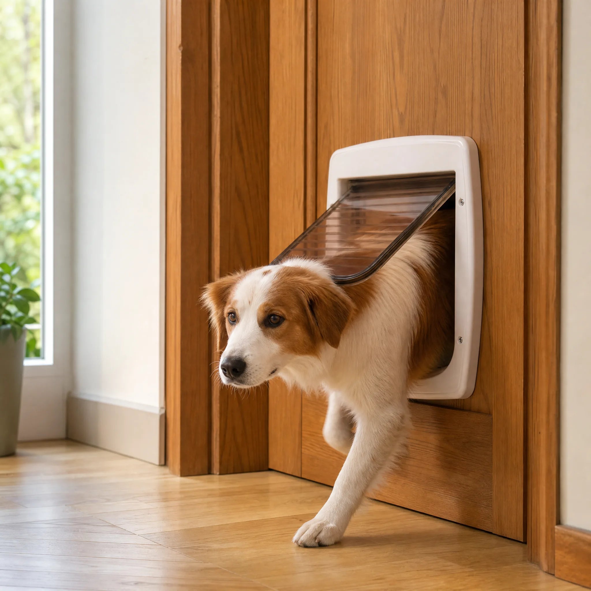 Cane che esce attraverso la portina basculante installata sulla porta in legno