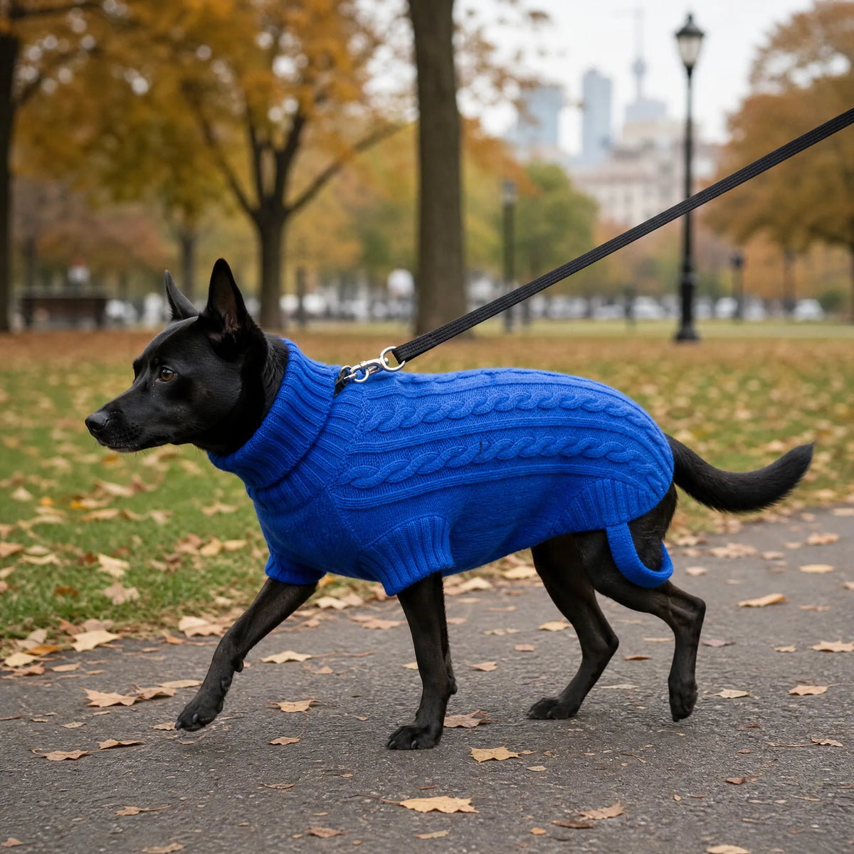 Cane al guinzaglio con maglione invernale per cani nel parco in autunno
