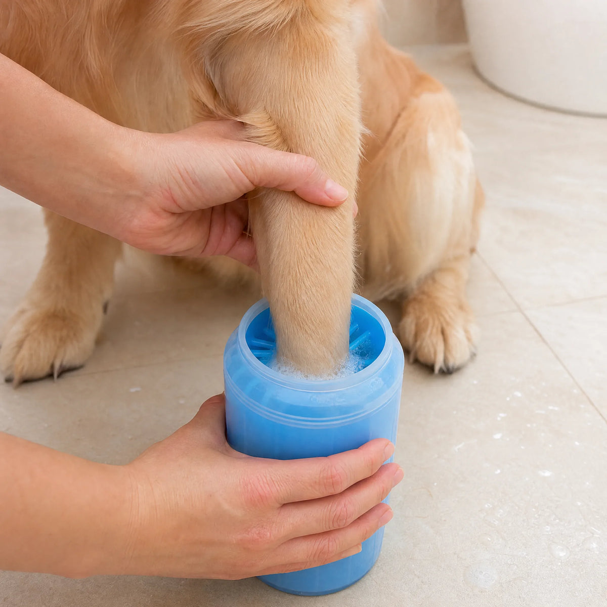 Pulizia della zampa del golden retriever con il bicchiere in silicone