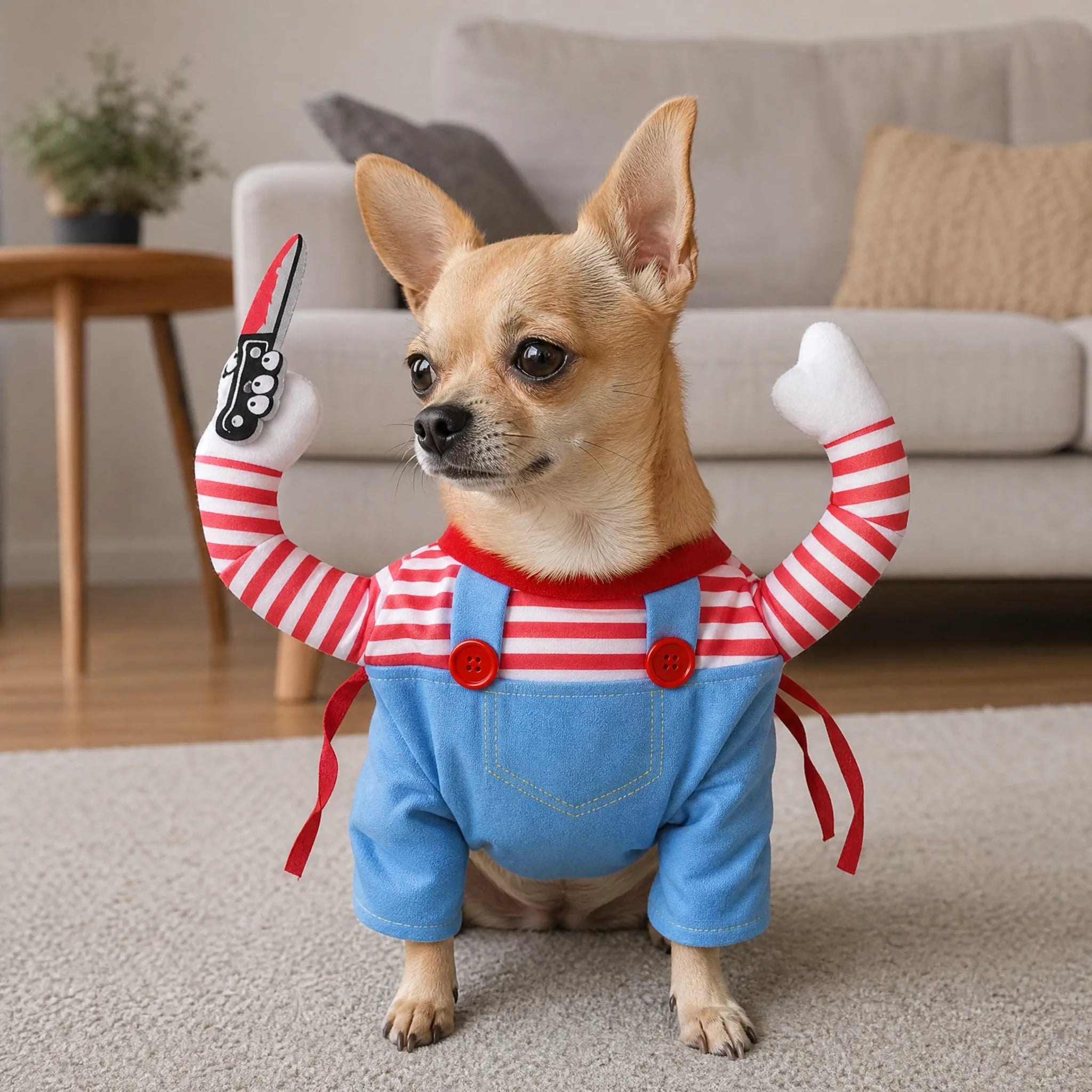 Chihuahua con costume halloween cane salopette a righe