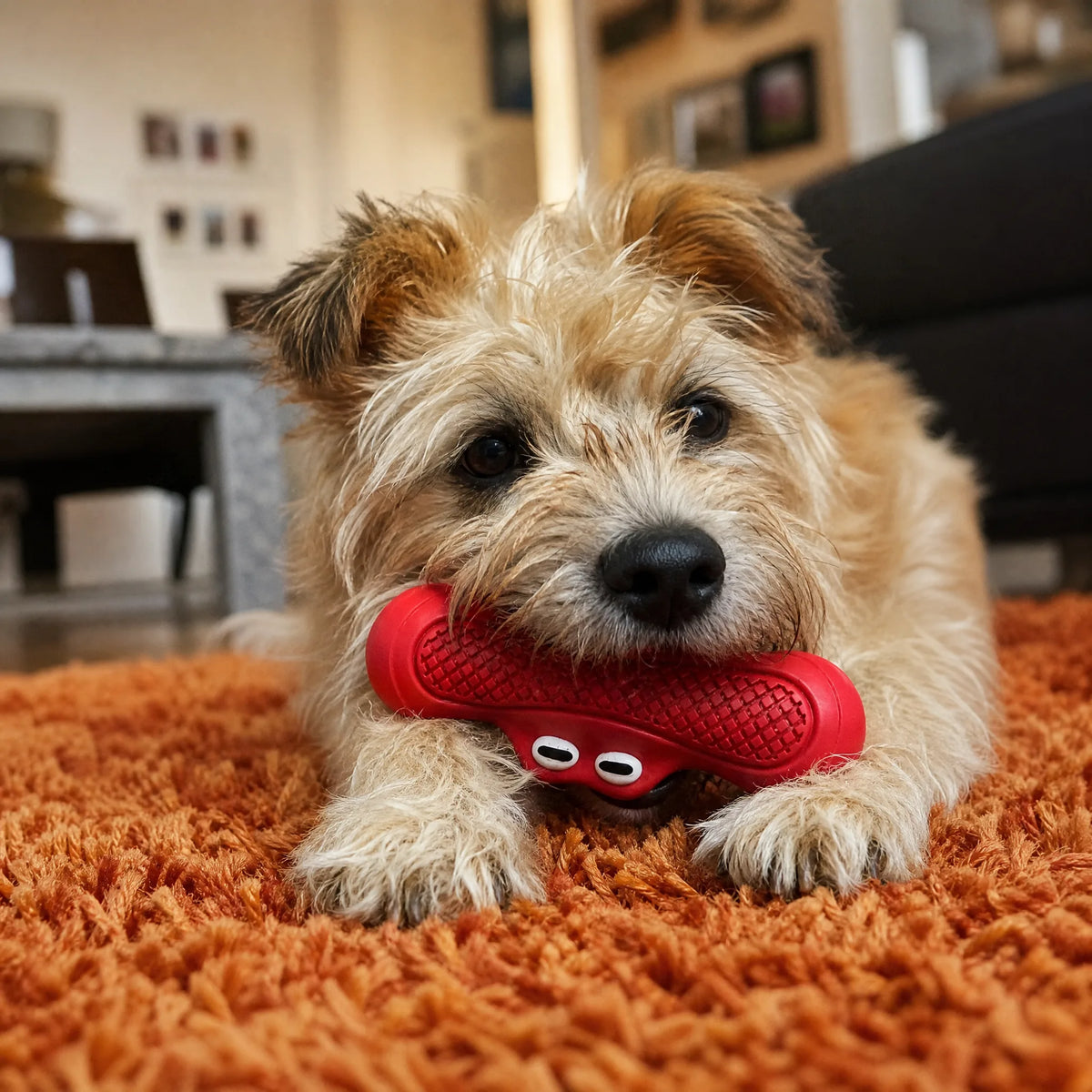 Cane mastica il gioco coccodrillo rosso per cani sul tappeto di casa