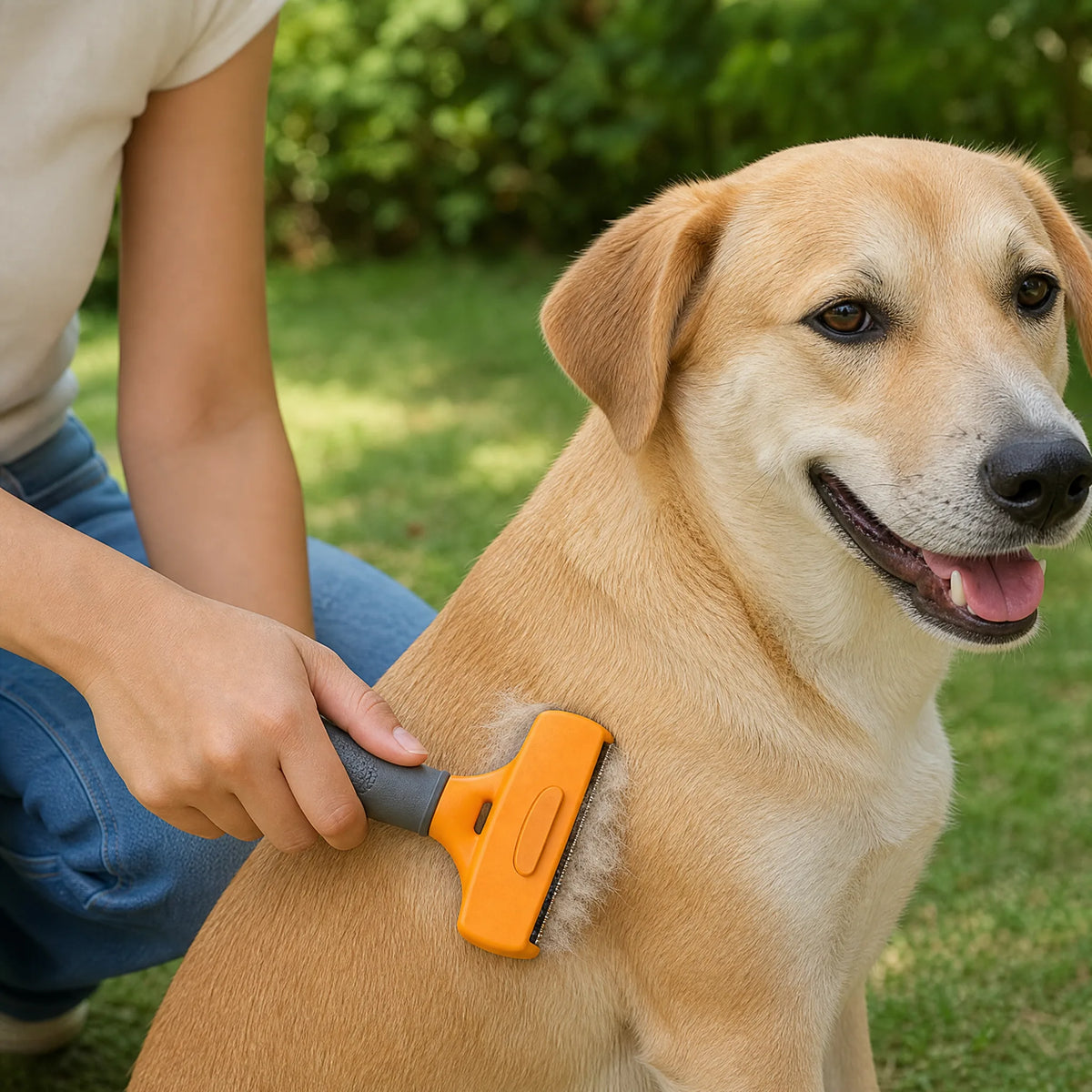 Spazzola sottopelo cane su cane a pelo corto in giardino