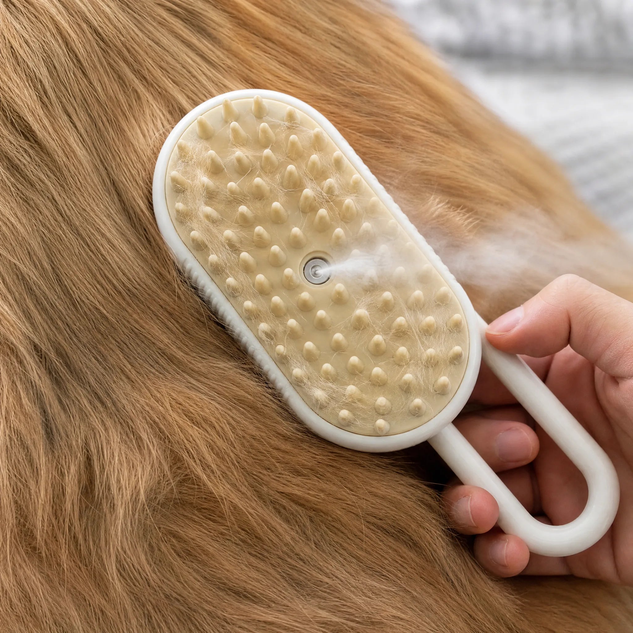 Primo piano della spazzola a vapore sul manto del cane, pelo raccolto tra le setole in silicone