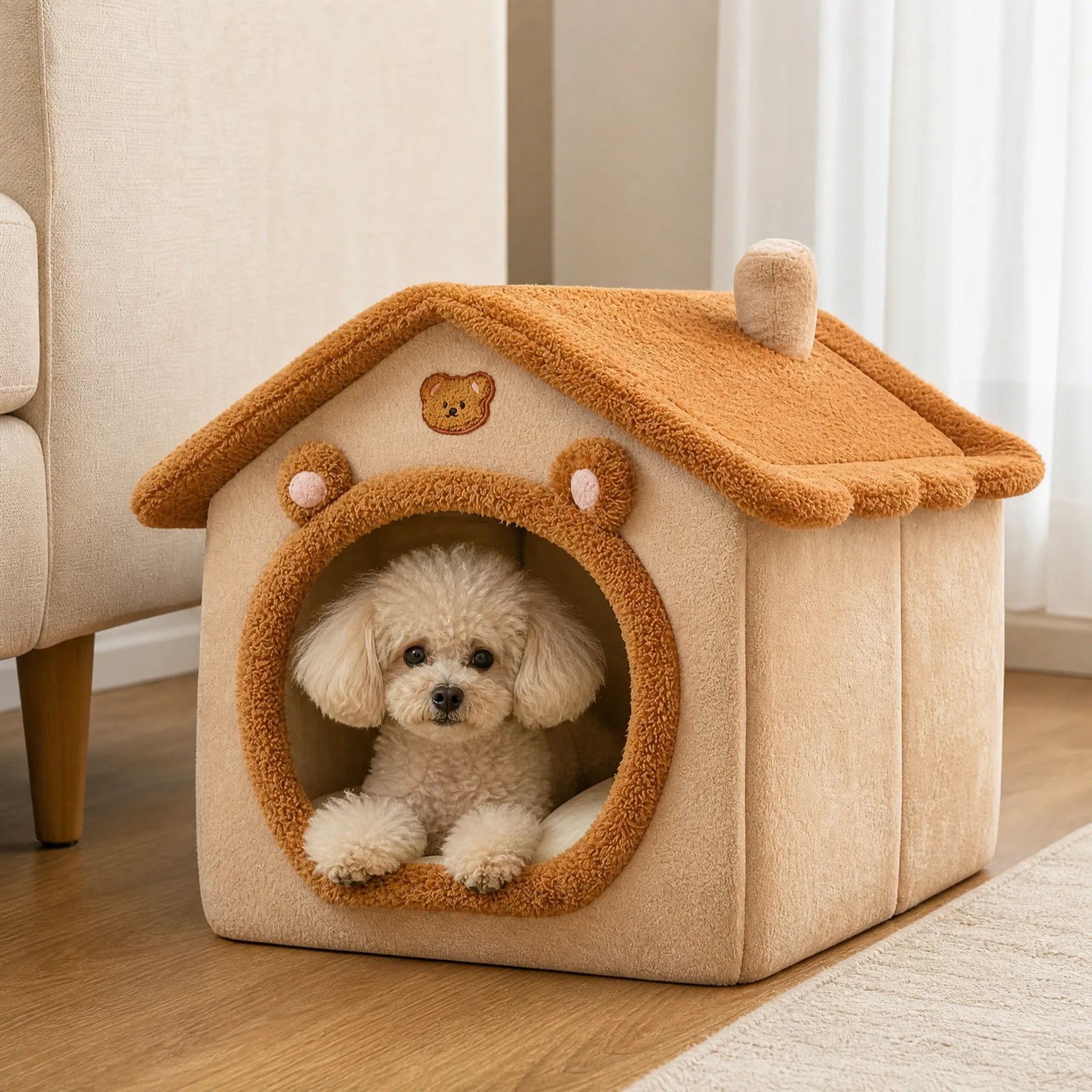 Cuccia calda plush orso - cane affacciato in soggiorno