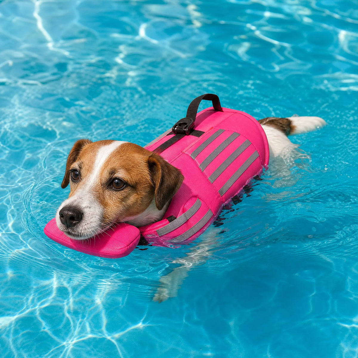 Cane in acqua con giubbotto salvagente rosa