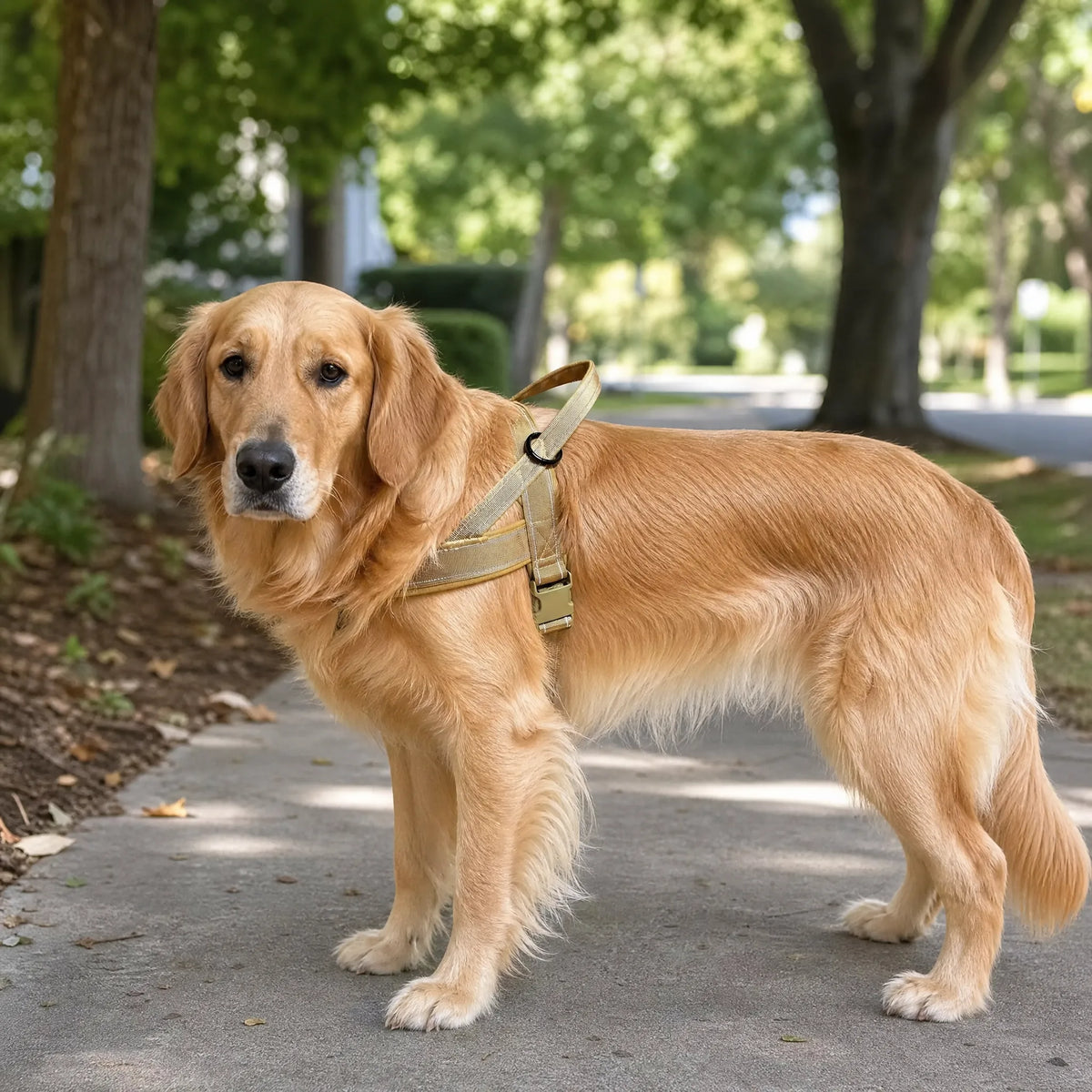 Golden retriever con pettorina no-pull khaki e maniglia dorsale