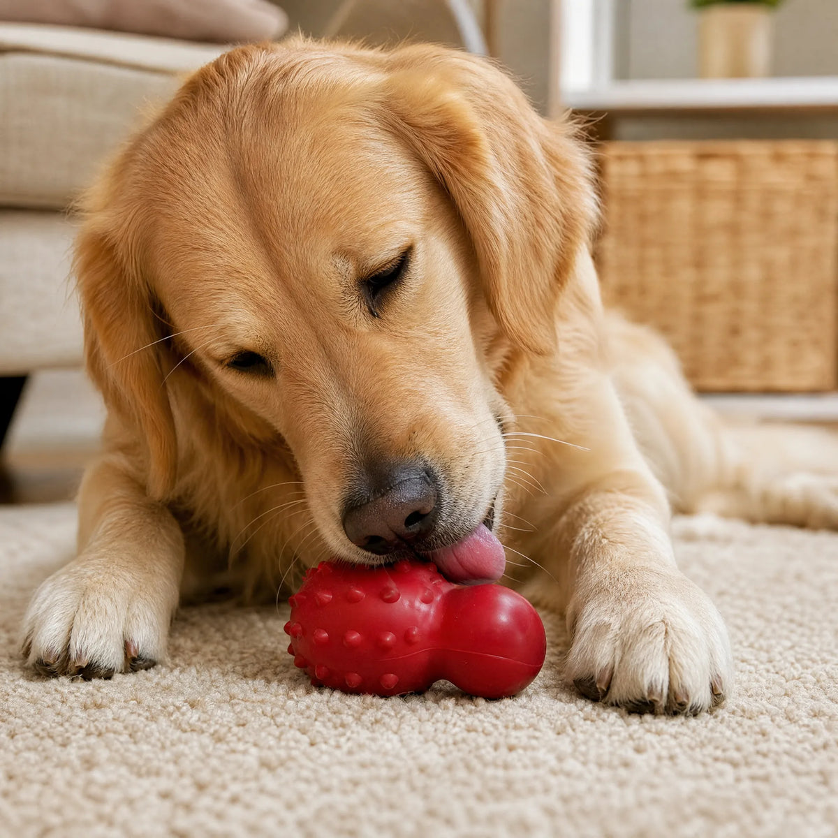 Cane che lecca il gioco da riempire per cani sul tappeto di casa