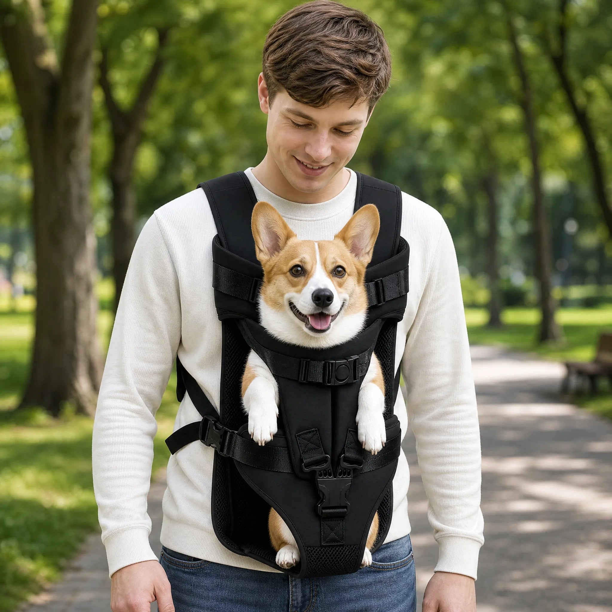 Uomo al parco con marsupio cane frontale e corgi