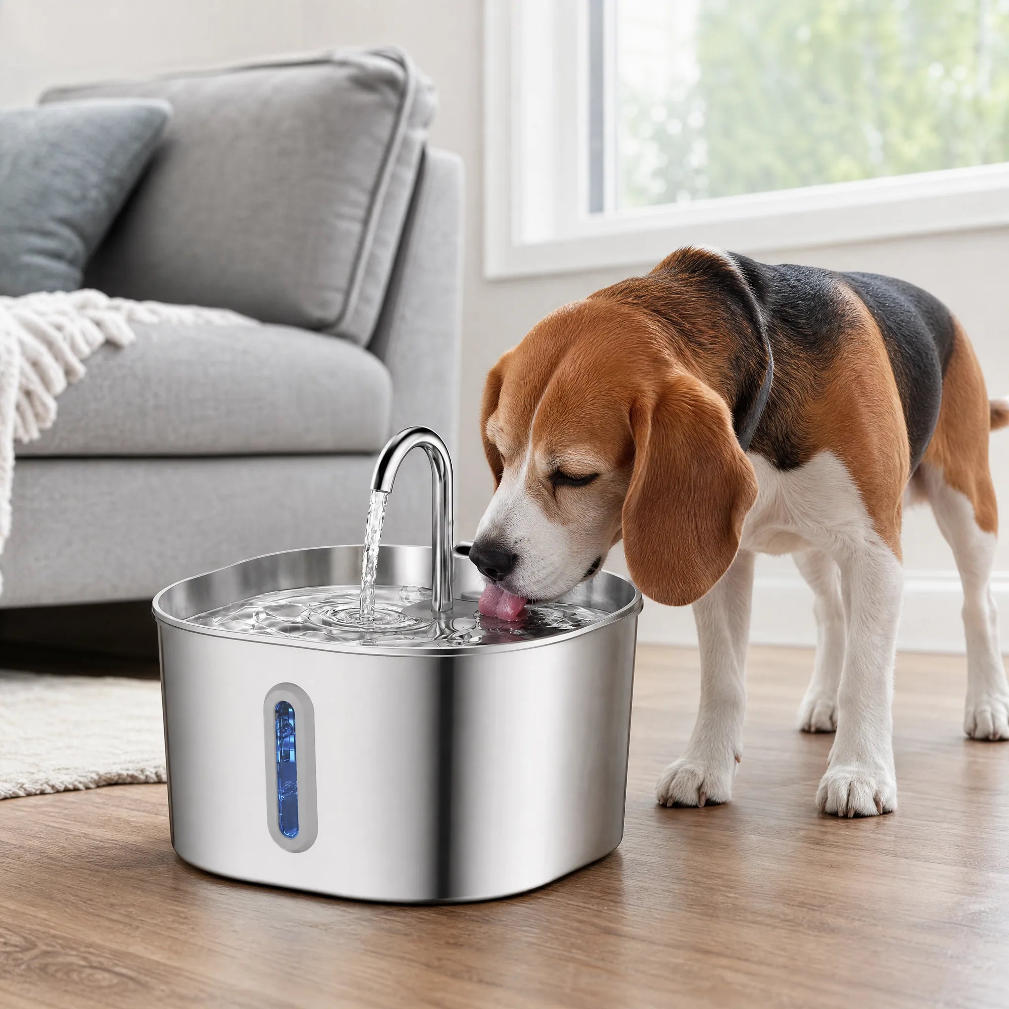 Cane piccolo alla fontana acqua acciaio inox in salotto
