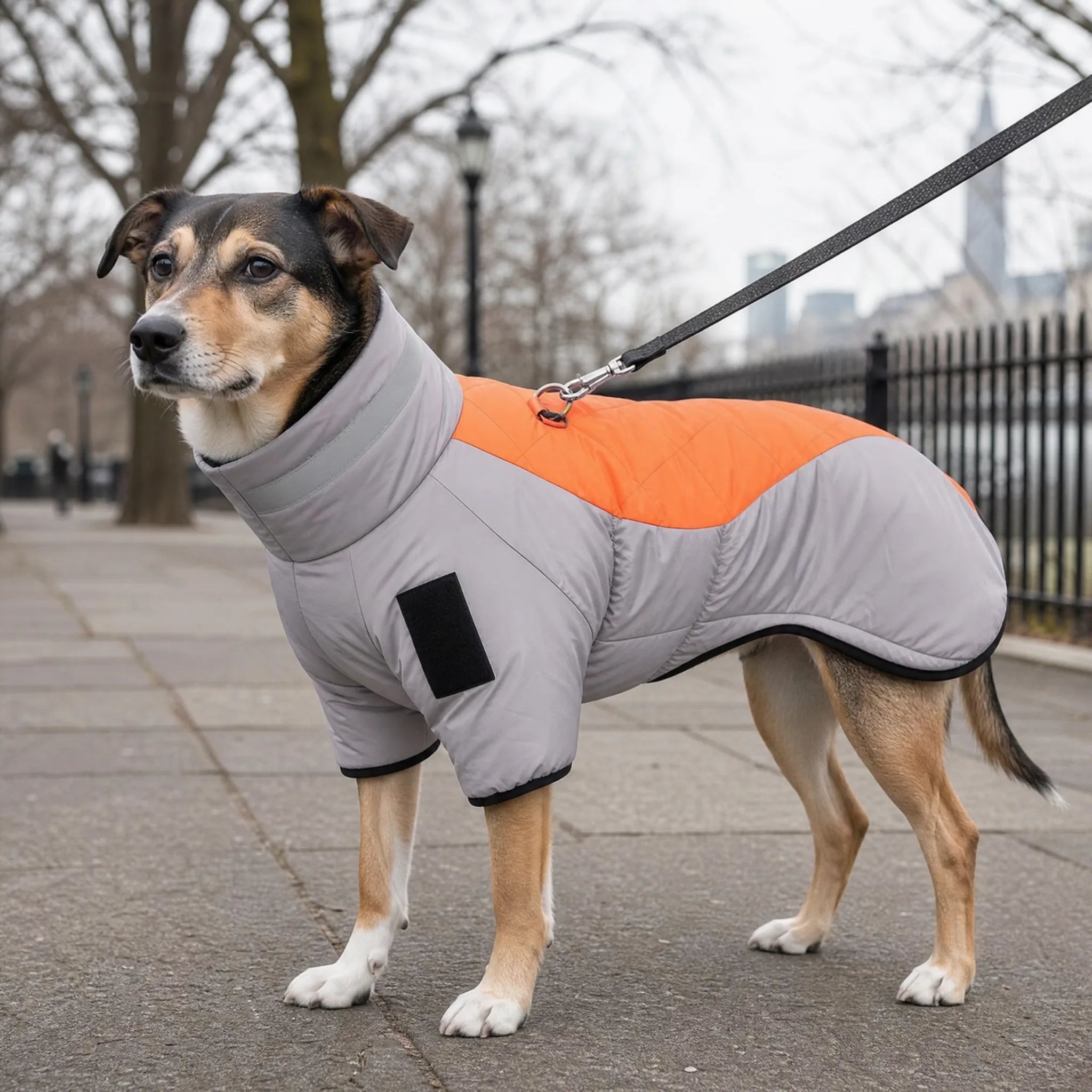 Cappotto cane invernale impermeabile indossato in passeggiata urbana