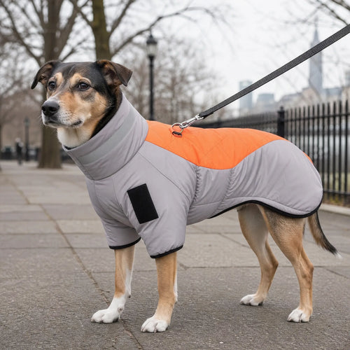 Cappotto cane invernale impermeabile indossato in passeggiata urbana