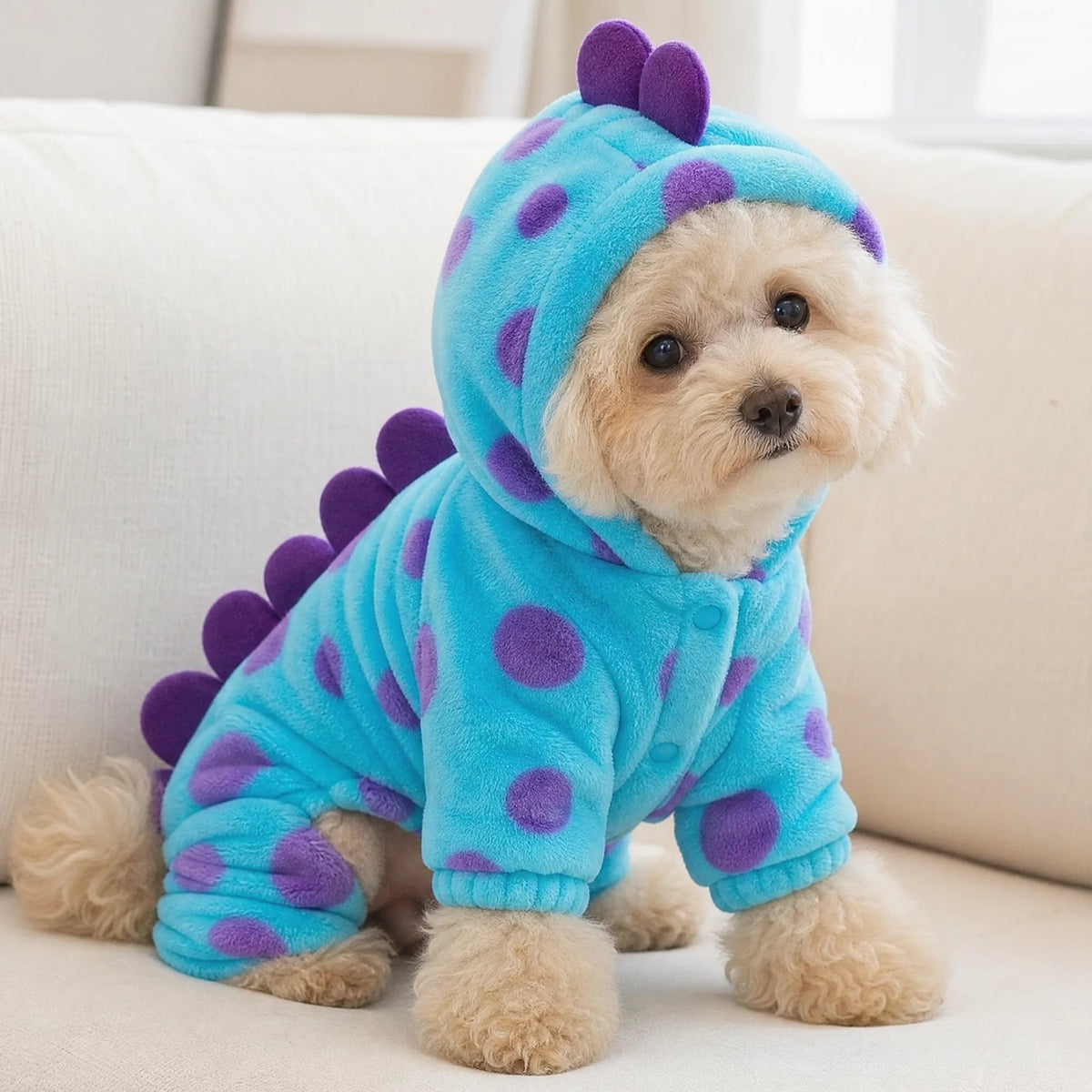 Cane sul divano con costume dinosauro 4 zampe