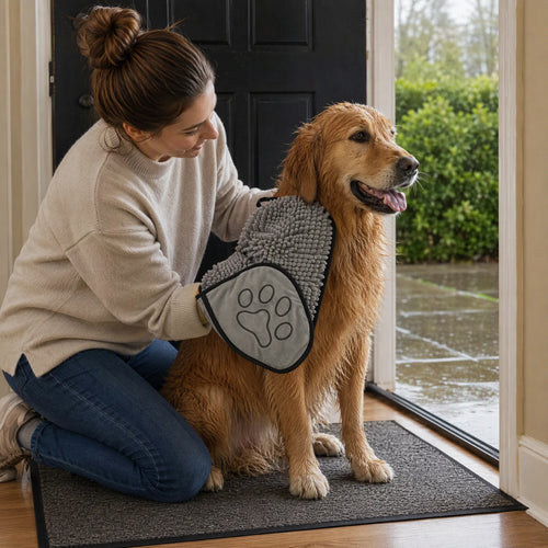 Asciugamano cane chenille dopo la pioggia all ingresso