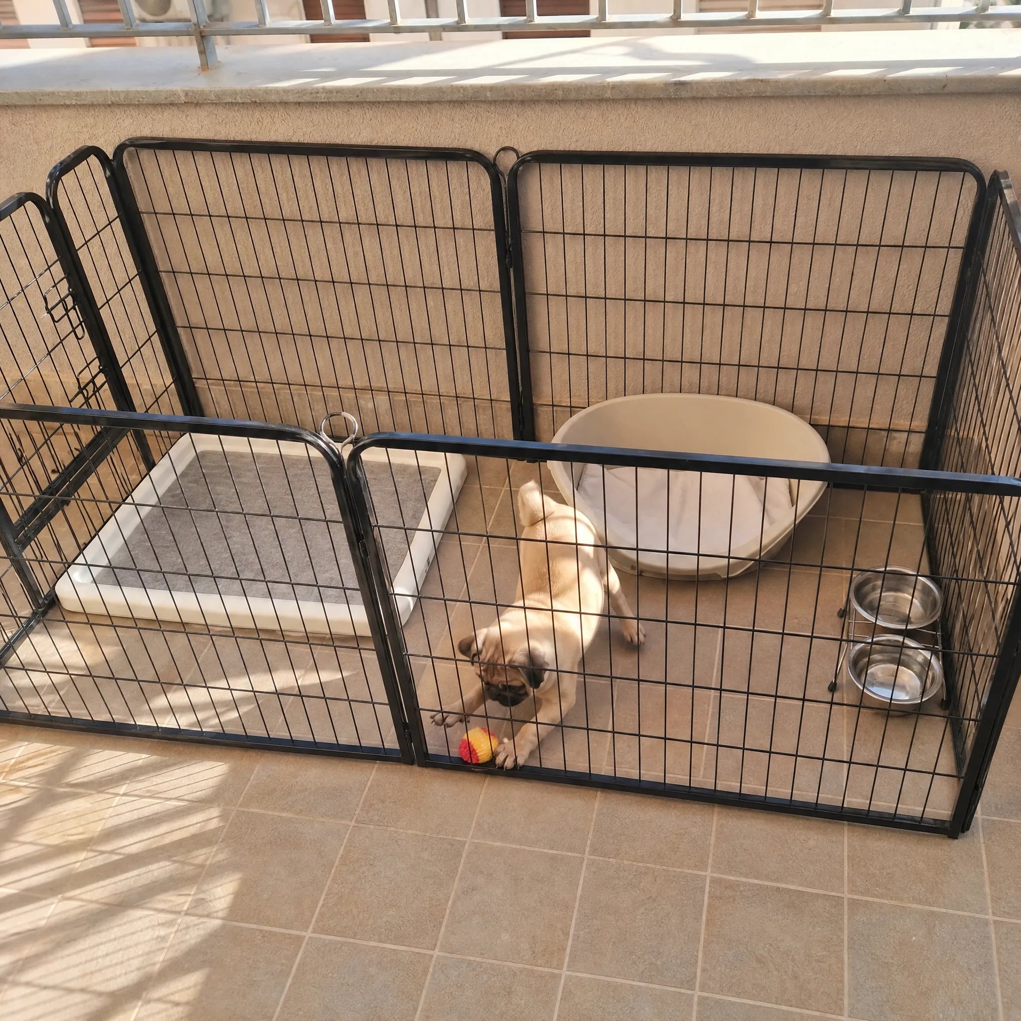 Cucciolo gioca dentro il recinto per cani componibile in terrazzo