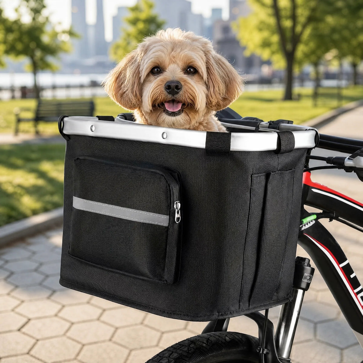 Cestino bici per cani pieghevole montato in città