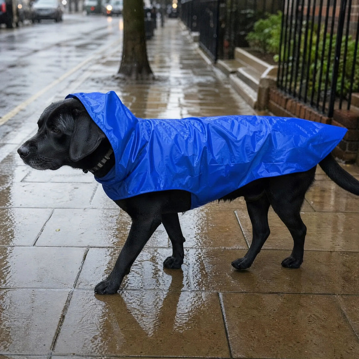 Labrador nero con poncho impermeabile blu su marciapiede bagnato in città